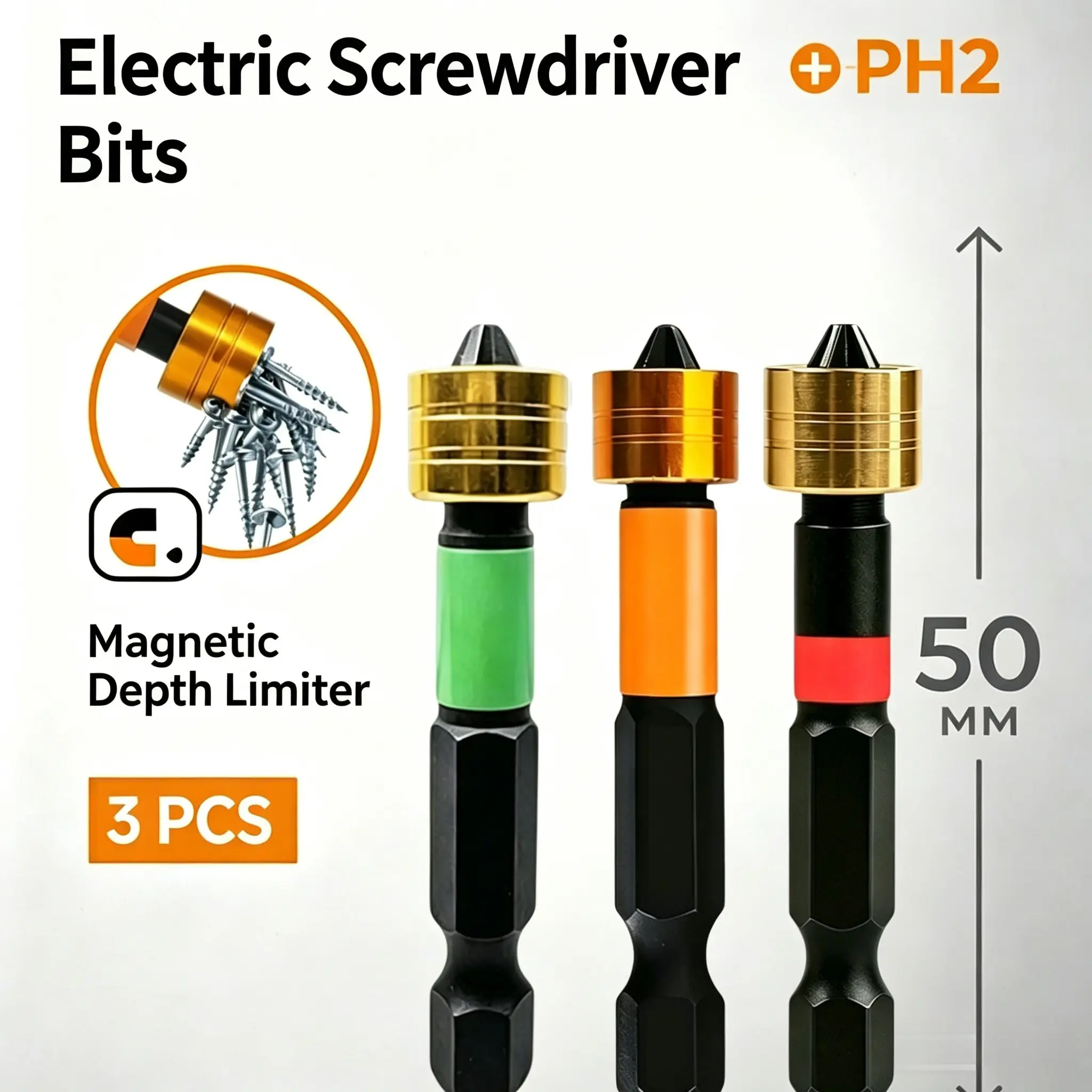3PCS 50mm PH2 Phillips Screwdriver Bits with Magnetic Depth Stop Ring, S2 Alloy Steel Cross Drill Bits, Precise Screw Depth Control for Drywall Gypsum Board Installation