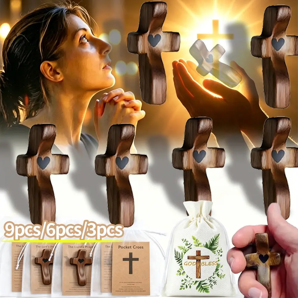 Handmade Walnut Wood Pocket Cross, Stress Relief Prayer Pendant, Christian Home Decor, Anxiety Relief, Holiday Gift Set