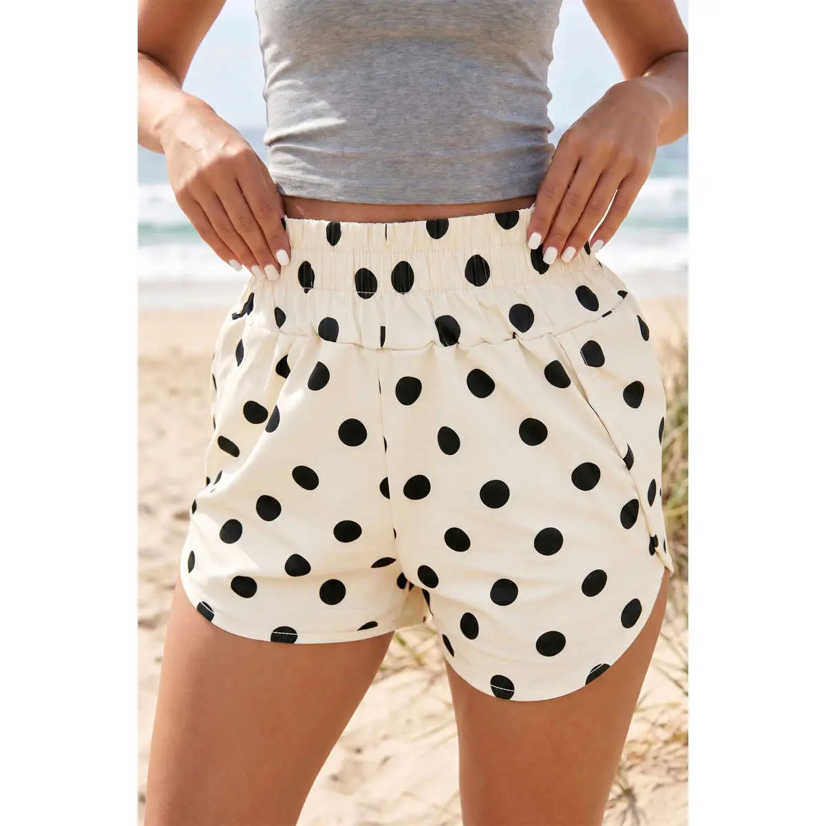 Women's Apricot Polka Dot Print Shirred Elastic High-Waist Casual Shorts, Stylish Comfortable Women's Bottoms for Daily Wear, Style, Shorts For Women