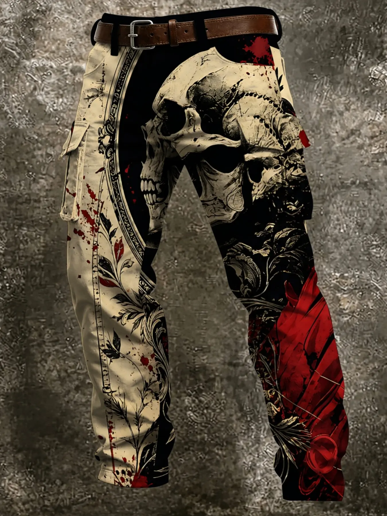 Dark Retro Tattoo Workwear Pants, Menswear, Large Capacity Flip Cover Side Pockets, Skull Floral Blood Pattern, American Street Style, Motorcycle Enthusiasts