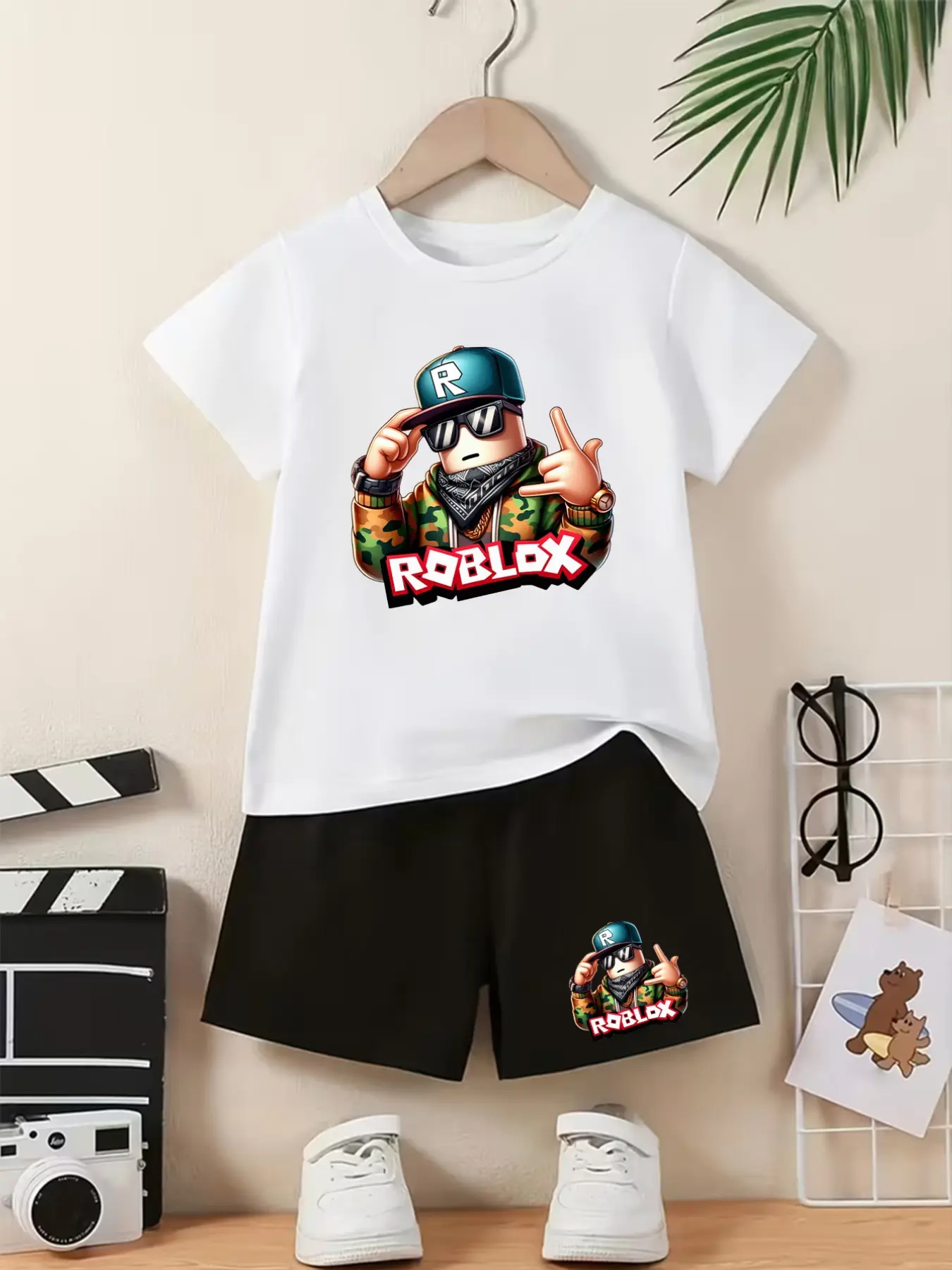 Summer Casual Children's Set, Summer Outfit Sets - Roblox Camouflage Hip-Hop Style Cap, Printed Short Sleeves And Shorts, Comfortable For Daily Use, Suitable For Outdoor Activities, Great All Occasions, Party, Gift