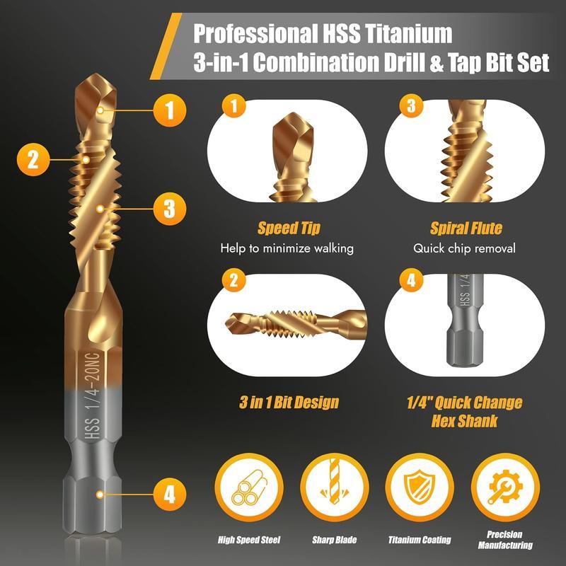 New 6 Pack Titanium Coated Drill and Tap Set Professional Thread Tap Drill Bit Set with 1/4" Hex Shank for Woodworking & Metalworking