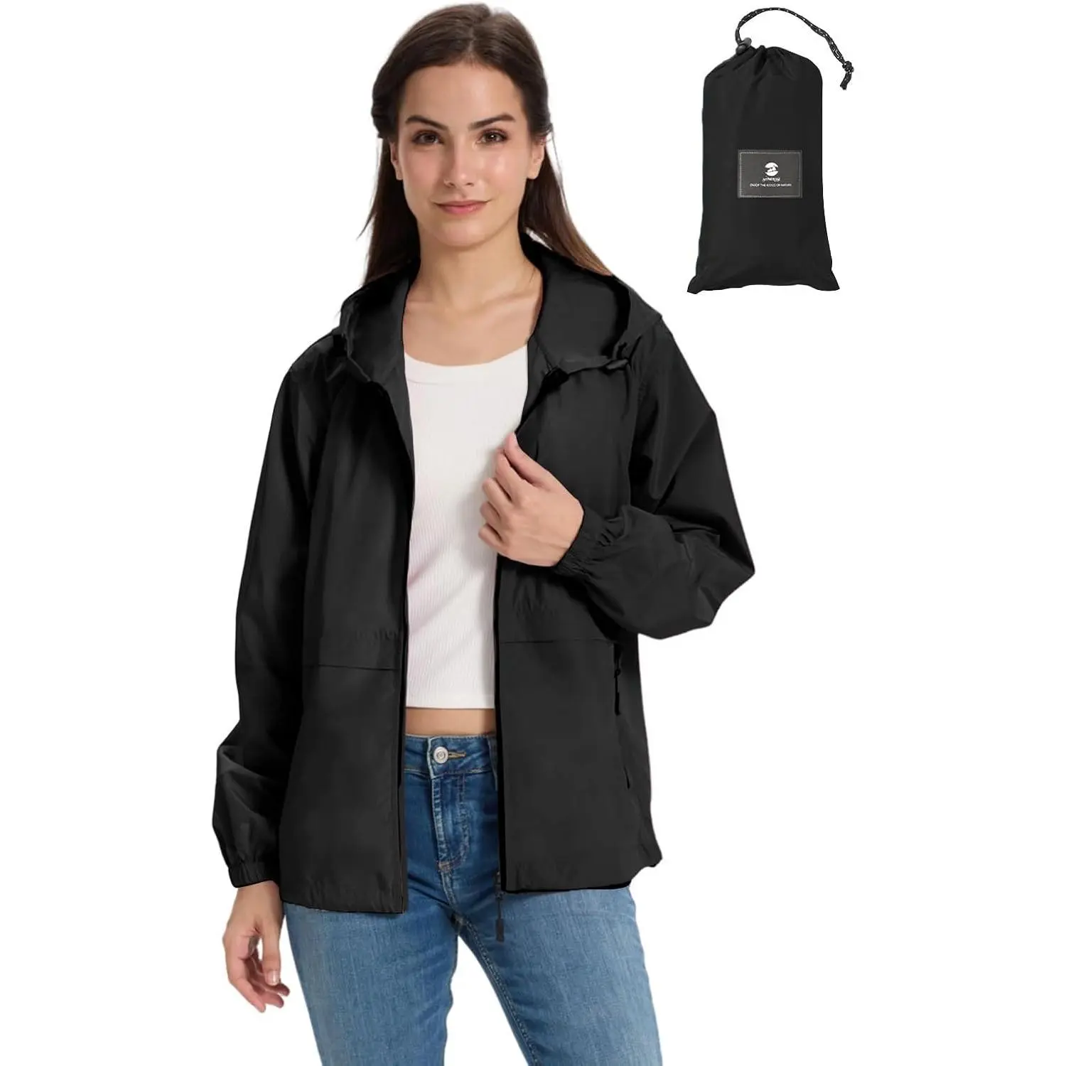 Women's Long Rain Jacket, Waterproof Breathable Hooded Windbreaker, Lightweight and Packable for Hiking, Metal Coating, Basic