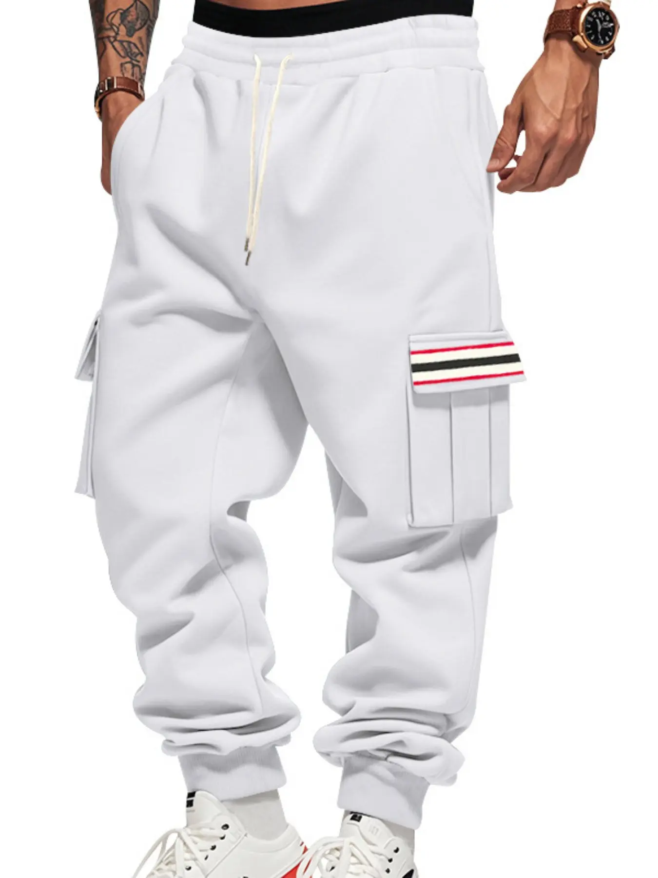 Men's High Street Workwear Sweatpants, Fall Winter Heavyweight Fleece, Outdoor Casual Trendy Multi-Pocket Sports Long Pants