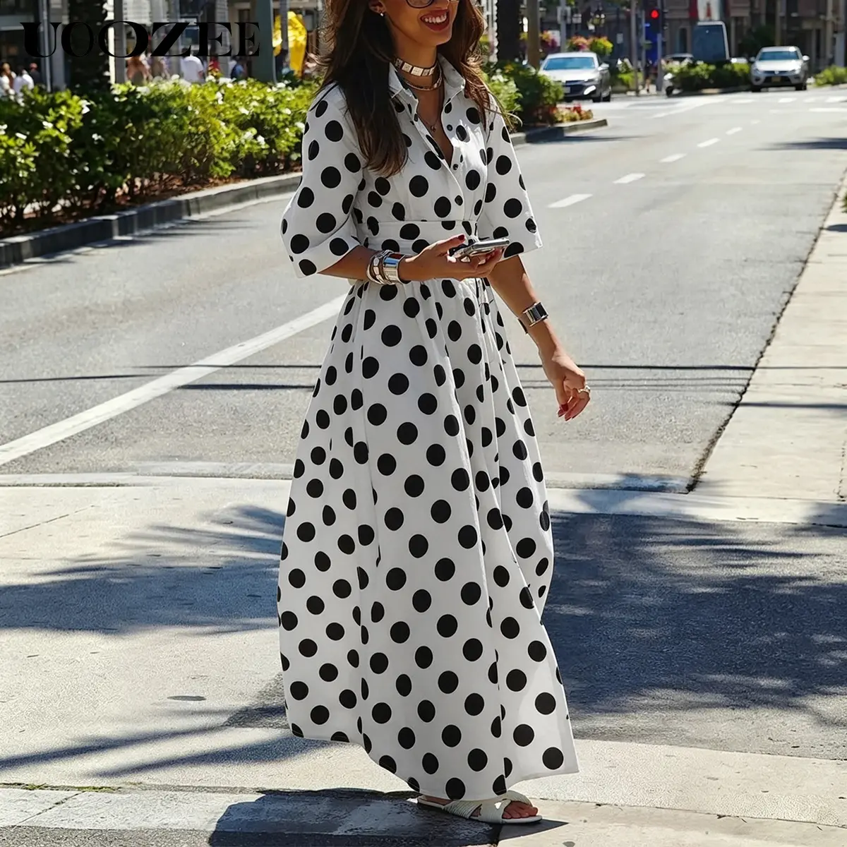 UOOZEE Women's Retro Polka Dot Button Down Shirt Dress - Casual Street Style A-Line Maxi with Pockets & Adjustable Eyelet Belt, Print, Soft
