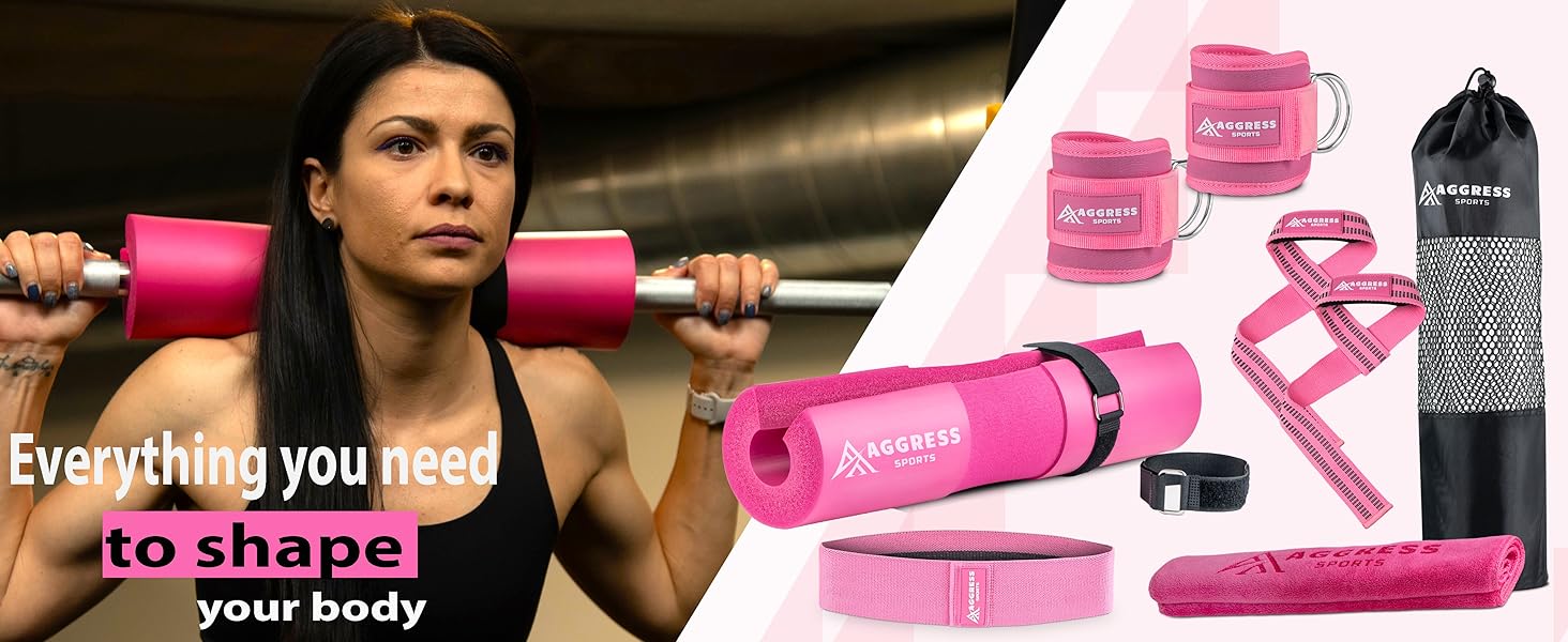 AGS Premium Barbell Pad Set for Hip Thrusts - Squat Pad for Barbell Lunges, Bench Press, with 2 Gym Ankle Straps, Hip Resistance Bands – Gym Accessories for Women with Carry Bag, Towel
