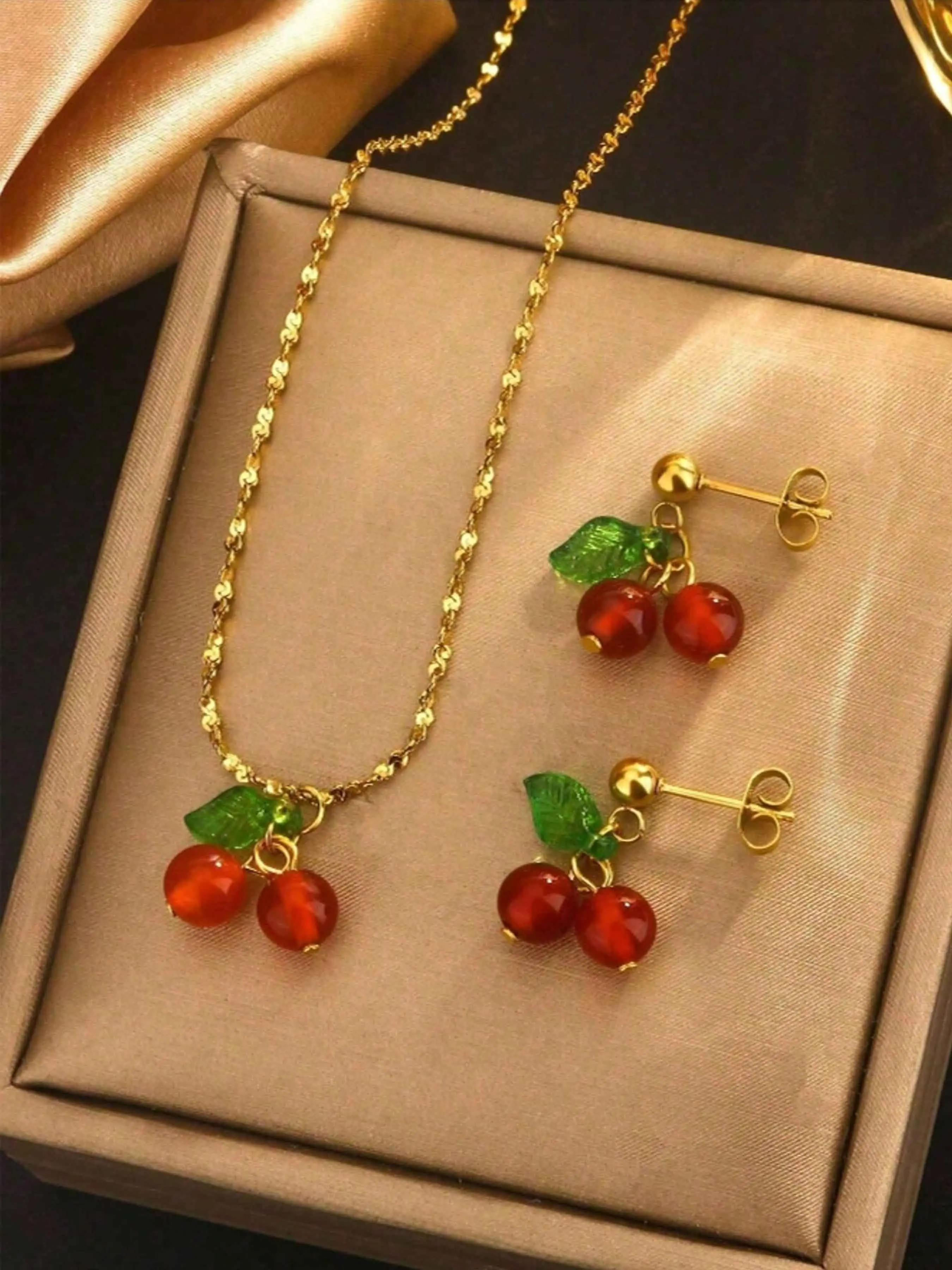 A set of 3 elegant and cute red cherry necklaces and earrings, 18K gold-plated stainless steel necklace, suitable for women to wear on dates or in daily summer life, or as a holiday gift for women