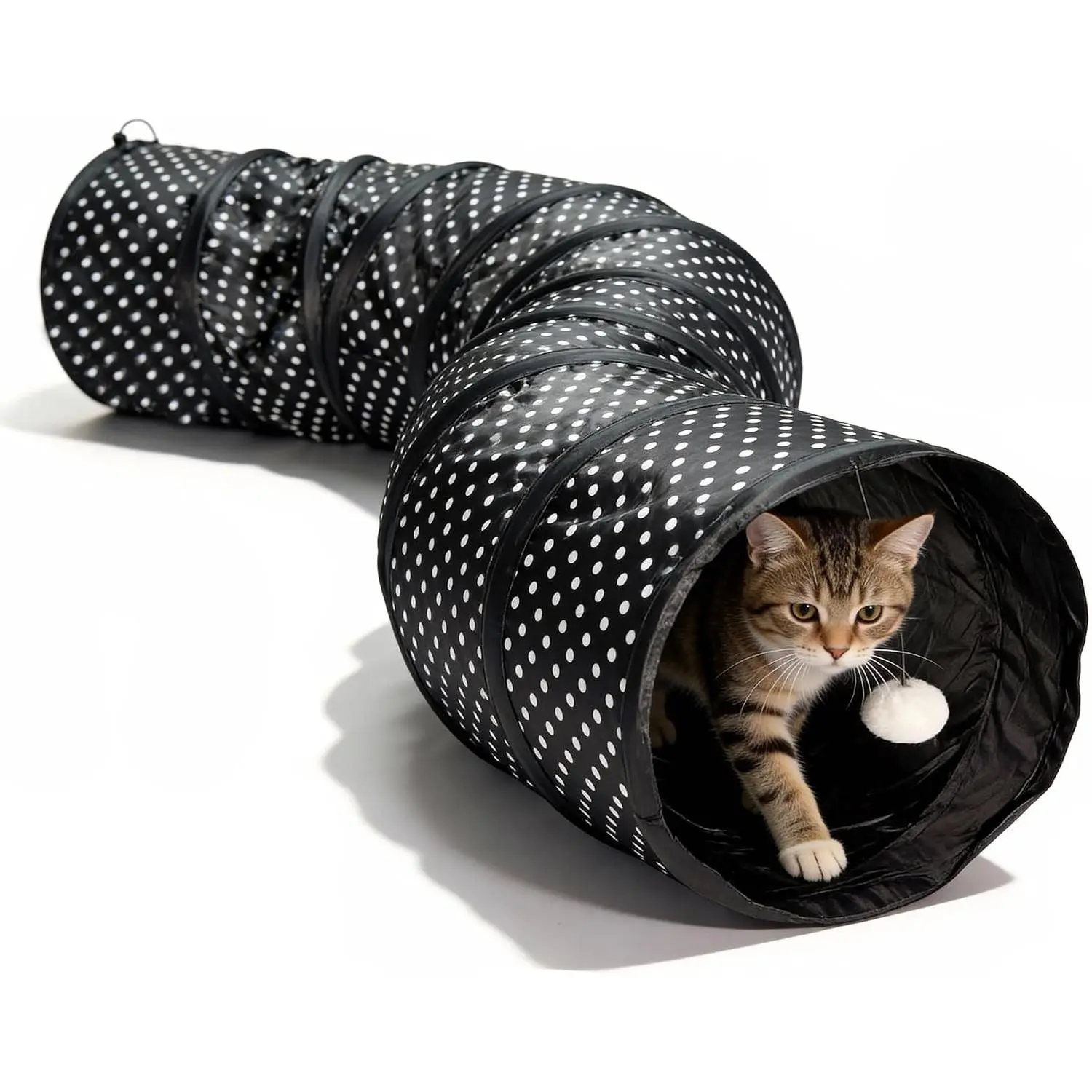 Cat Tunnel Collapsible, More Interactive Indoor Play Toy Tube for Cats & Kittens with Hanging Ball and Peekaboo Holes(S)