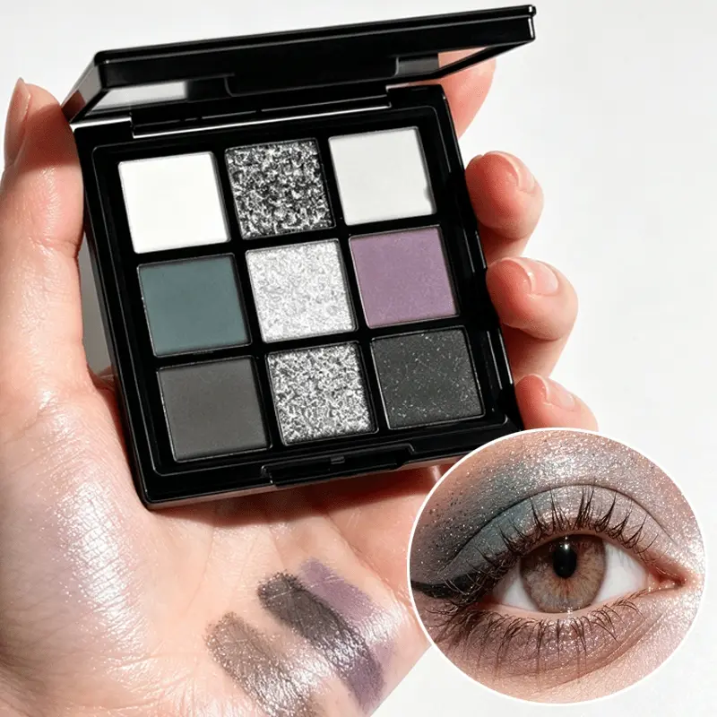 JUJU DREAM 9 Shades Smoky Eyeshadow Palette, Eyeshadow Palette Makeup, Grayscale Black Matte & Metallic Glitter Eye Shadow Set, Fine Blendable Pigment With Minimal Fallout, Build Edgy Goth Smoky Eye, Y2K Party Eye Looks