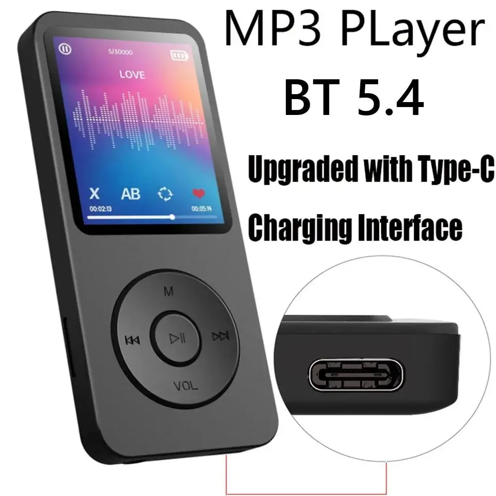HiFi Lossless Audio MP3 Player with Rubber Dirt-Resistant Design, Type-C, Bluetooth, Built-In Speaker, FM Radio, E-Book Support, Multi-Language (French, German, Italian, Spanish), AVI Compatibility for Students, Swimming