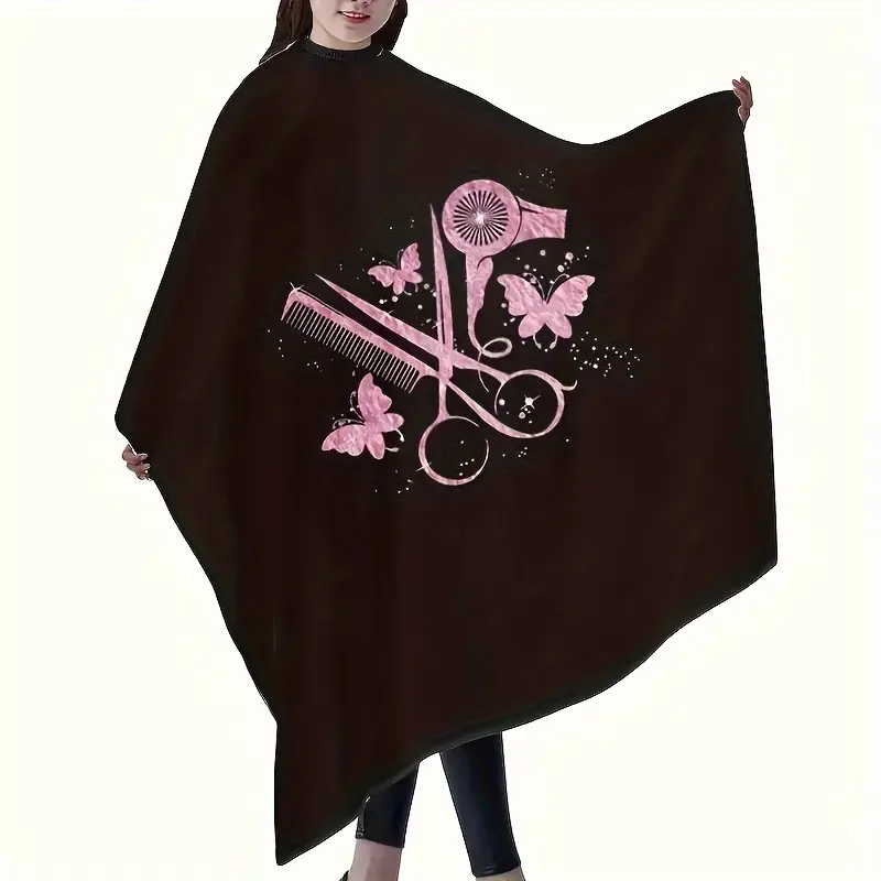 Barber Apron & Haircut Cape with Pockets, Black Scissors Butterfly Design - Durable Polyester Professional Salon Haircare Apron for Men & Women, Stylist Cape with Adjustable Neck for Hairdressers