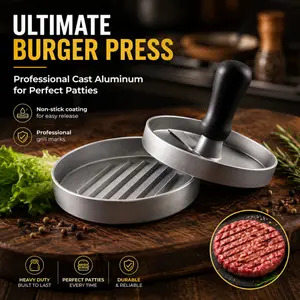 Non-Stick Cast Aluminum Burger Press Maker, Grooved Patty Press Mold for Homemade Beef Hamburger, BBQ Grill & Kitchen Cooking Tool