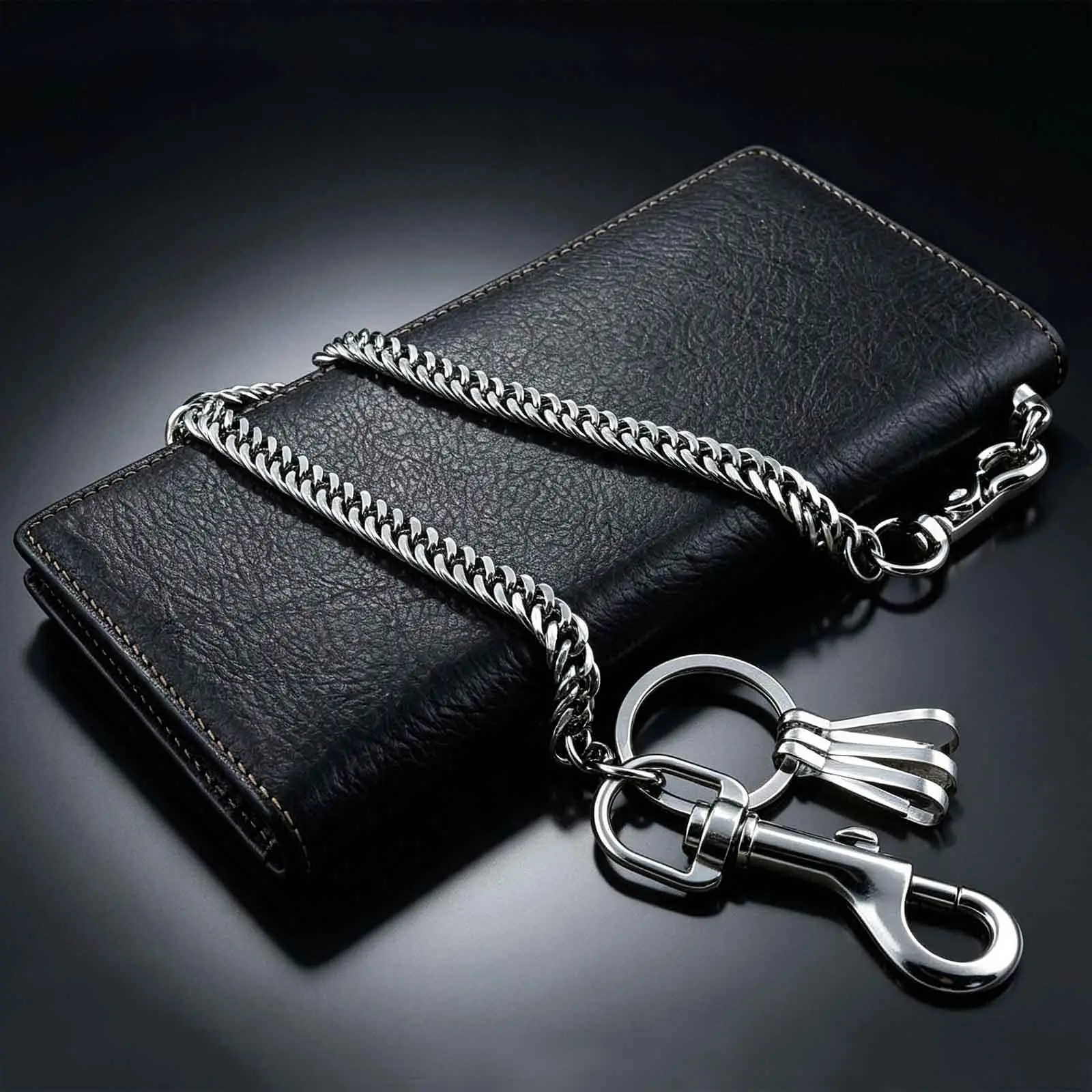Men's Black Cowhide Biker Wallet - High-Capacity, Minimalist, Flap Design, Heavy Metal Keychain, Anti-Theft, Western Cowhide, Manly Aesthetic, All Black Men's Wallets, Suitable for Motorcycle Riders, Party Use (Do Not Wash)