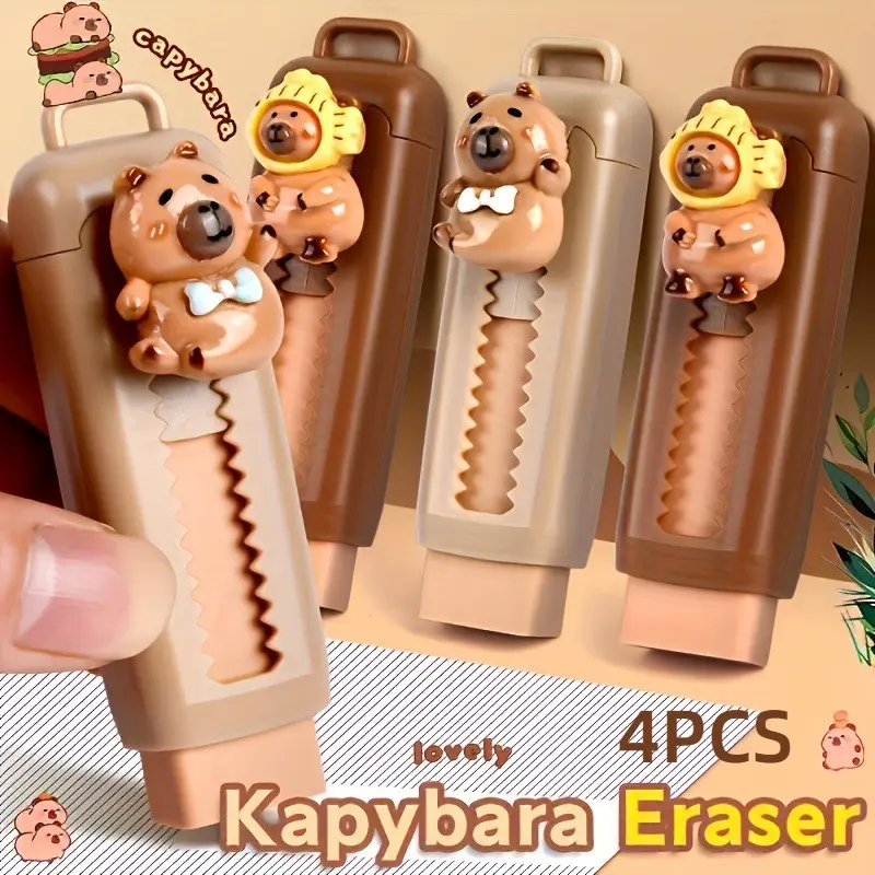 4-Pack Capybara Erasers, Cute Design with Fashion Glasses and Hat, High-Quality Durable Rectangular Erasers for Adult Art Supplies, 2 Light + 2 Dark