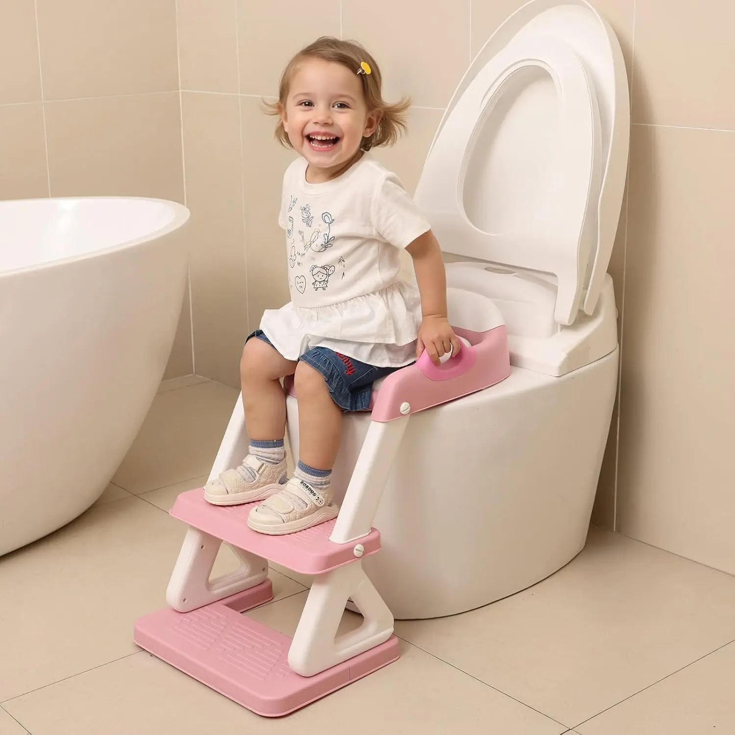 Potty Training Toilet Seat with Step Stool Ladder  Boys and Girls, 2 in 1 Potty Training Toilet, Splash Guard Anti-Slip Pad Step Stool (Pink) Pedal Upgrade.