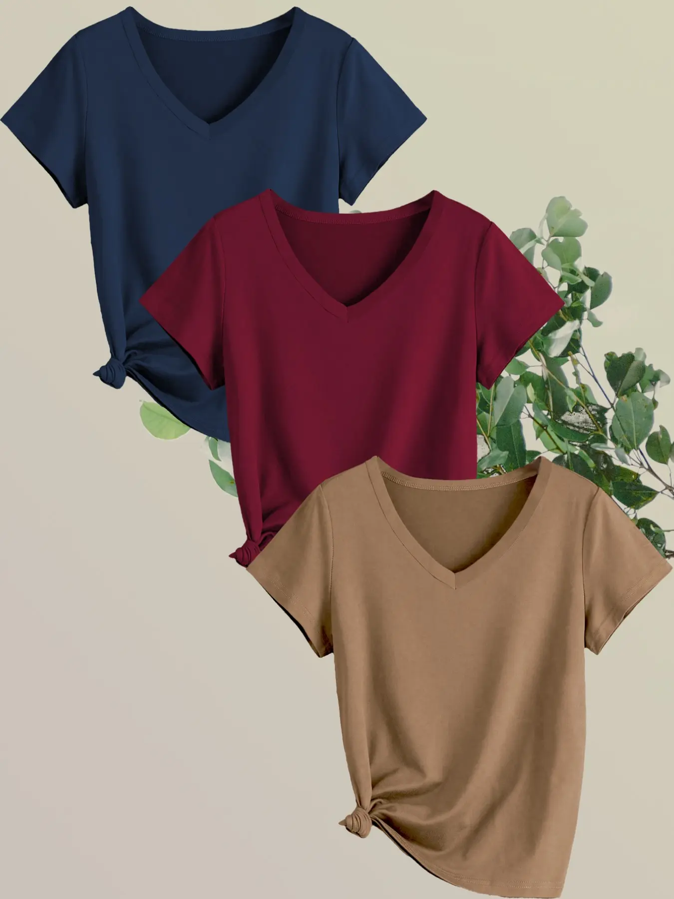 Women's Casual Basic V-Neck T-Shirt, Summer Comfort Stretch Three-Piece Set, Solid Color Short Sleeve, All Seasons Fashion