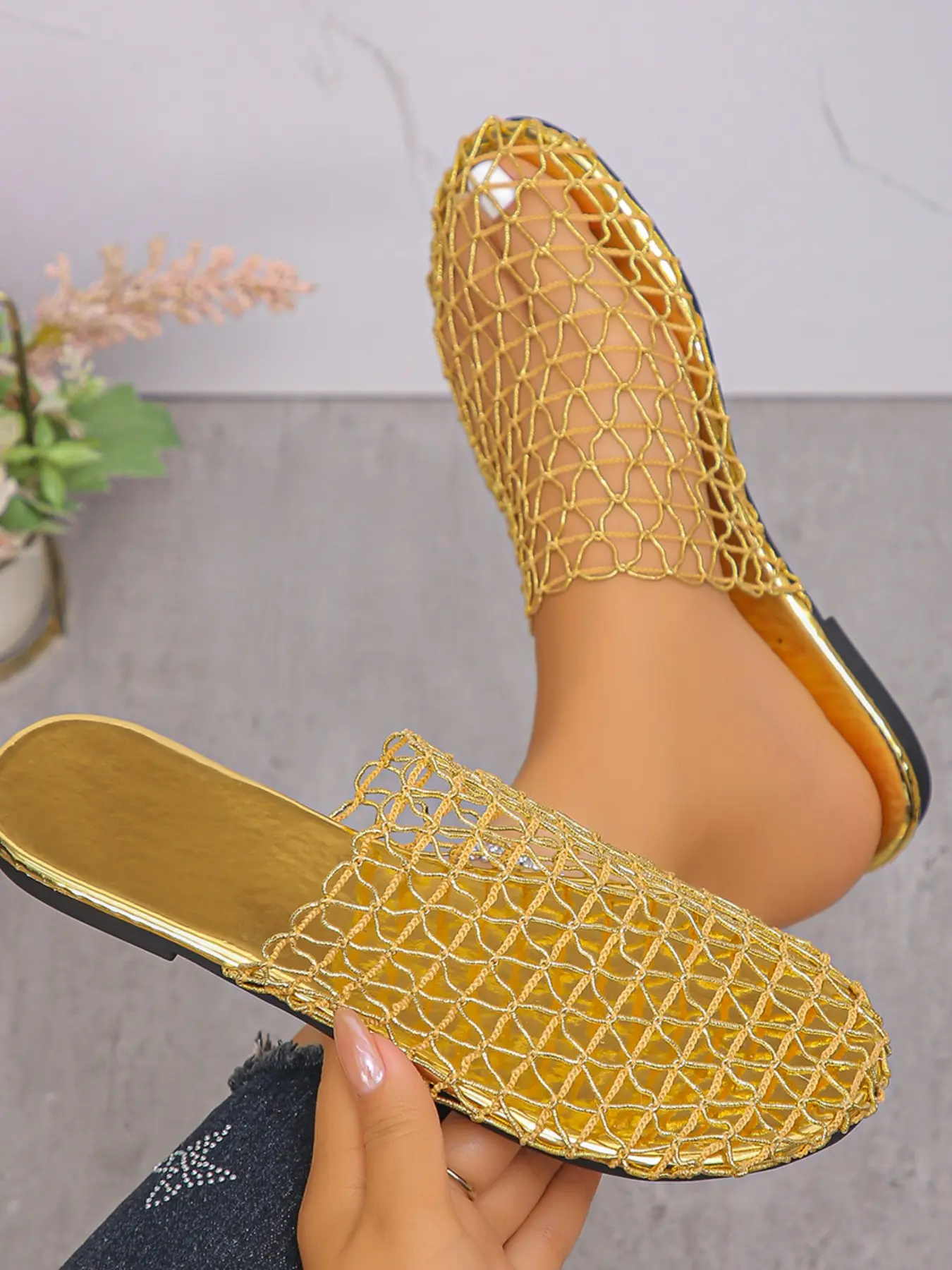 Shimmering Metal Mesh Flat Sandals, Cut-Out Design, Breathable and Versatile, Perfect for Casual Wear