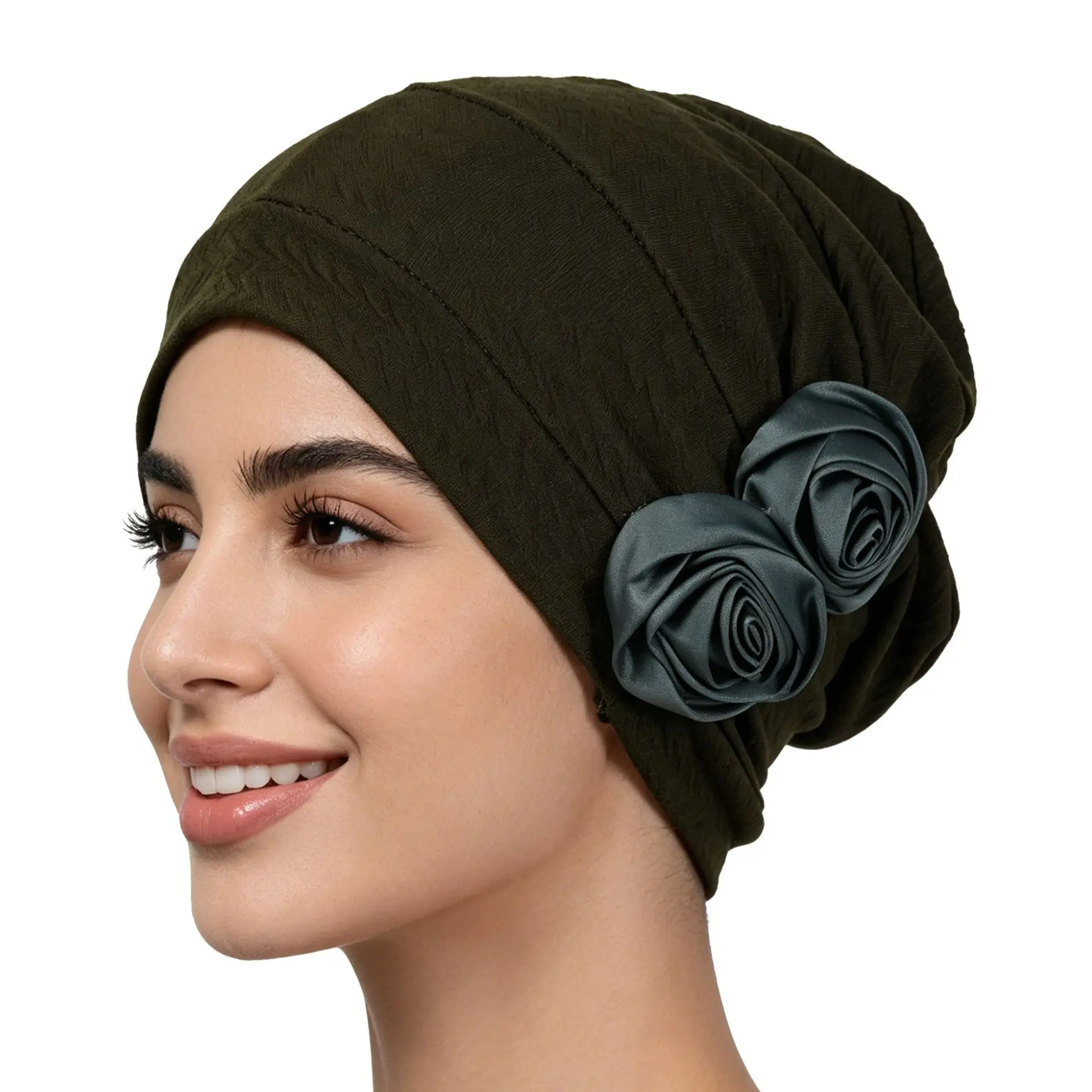 Viral Textured Stretch Fabric Double Satin Rose Flower Turban Bonnet Cap Non Slip Soft Breathable Beanie Headwrap Daily Outdoor Travel Hair Cover