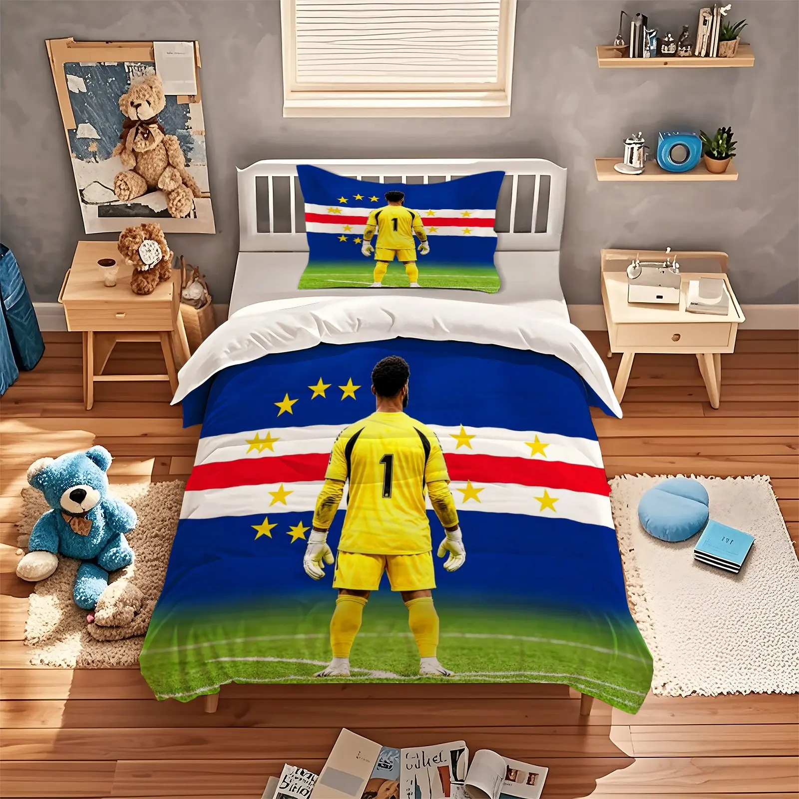 2/3Pcs Cape Verde Flag Soccer Duvet Cover Set, Polyester Bed Set, soft breathable goalkeeper themed print, machine washable, for home dorm bedroom, souvenir bedding for soccer fans (no filler or pillow insert)