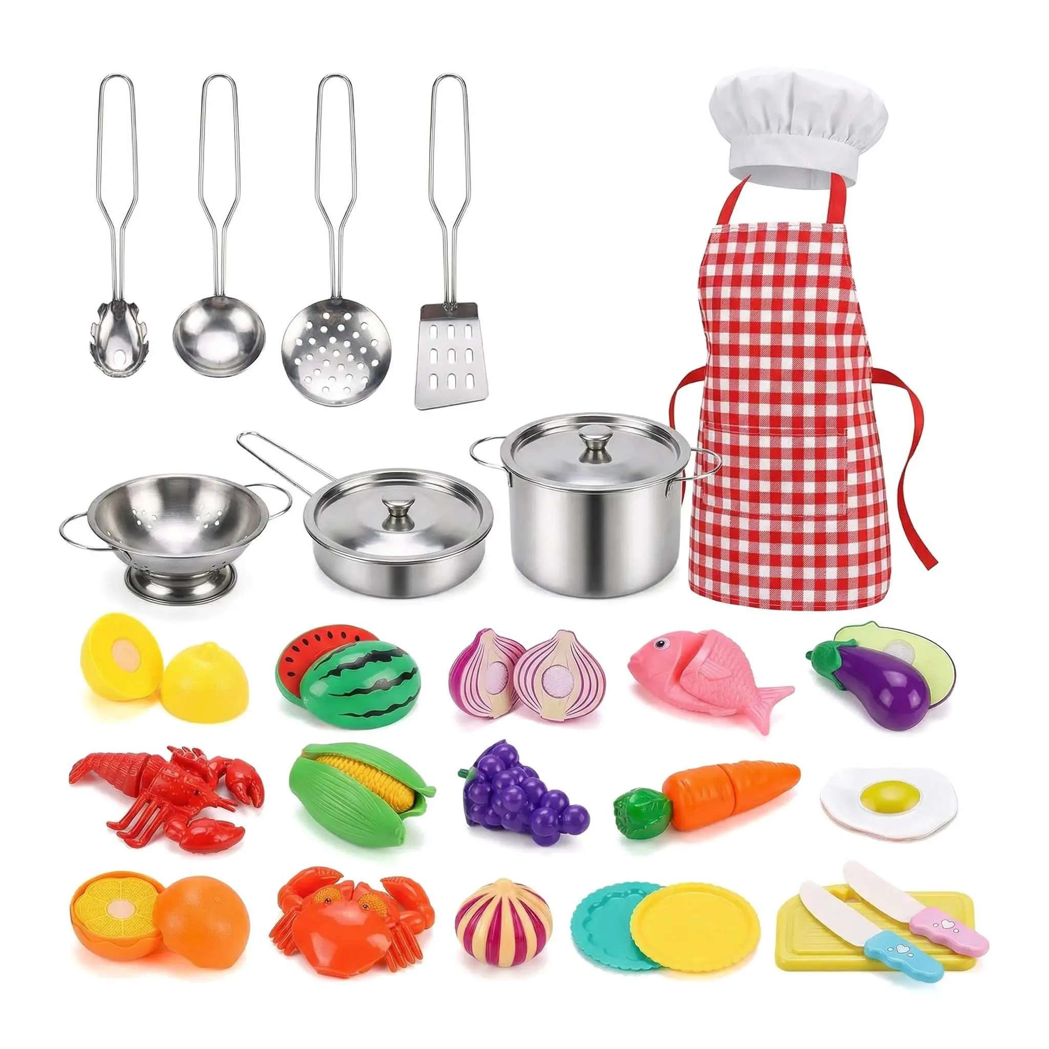 Unisex 46PCS Wingtop Play Kitchen Set for 6-8 Years, Cooking Playset with Stainless Steel Pots & Utensils, Cutting Food, Chef Apron & Hat, Miniature Cooking Set Play Kitchen Accessories