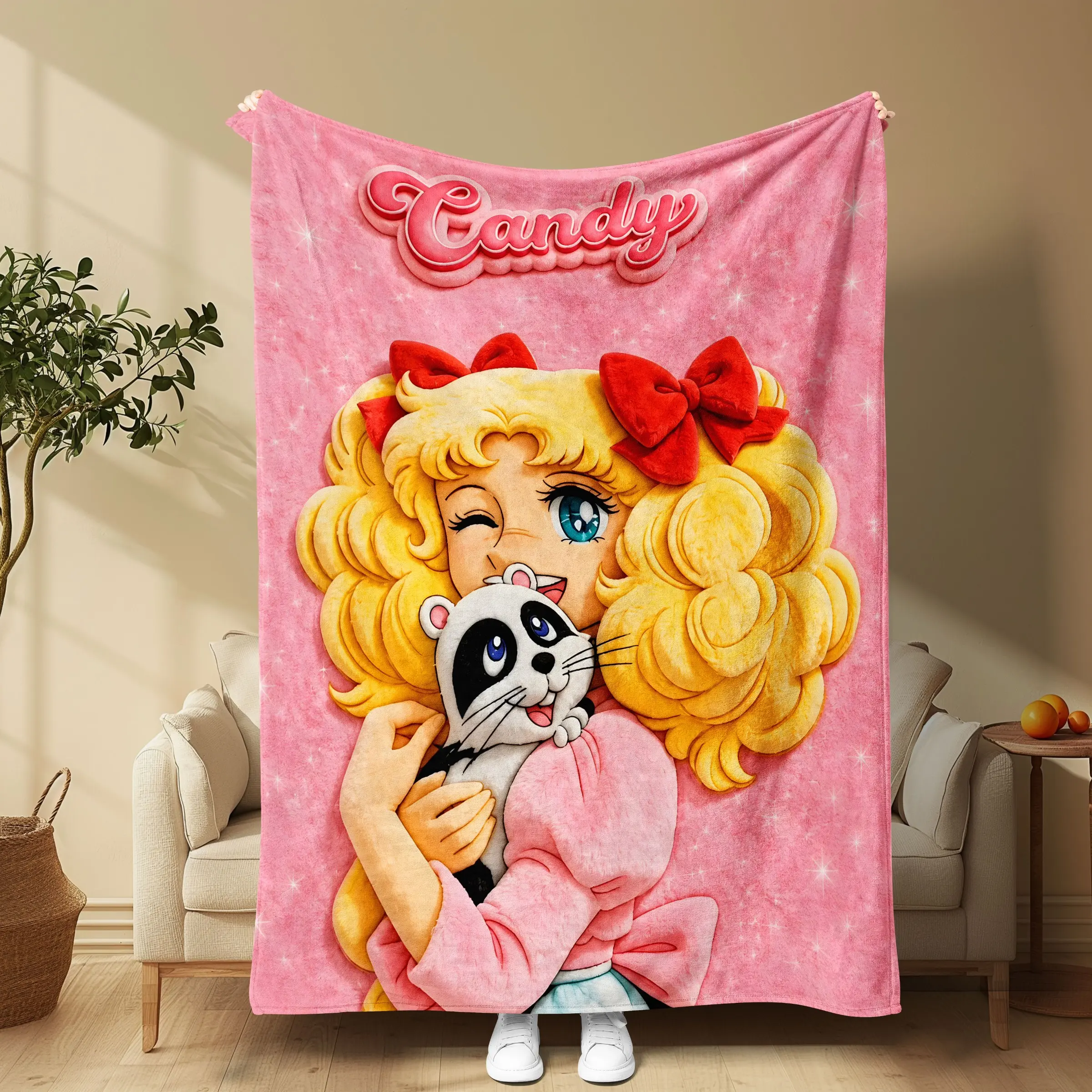 Vintage Girl Cartoon Soft Flannel Blanket, Sparkle Gold Hair Bow, Panda Design, Cozy Sofa Bed Office Nap, Retro Gift