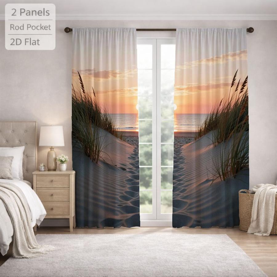 2Pcs Beach Landscape Sunset Pattern Seaside Scenery Sun Blocking Curtains Digital Printed Rod Pocket, Window Treatment For Bedroom Office Kitchen Living Room Study Home Decor