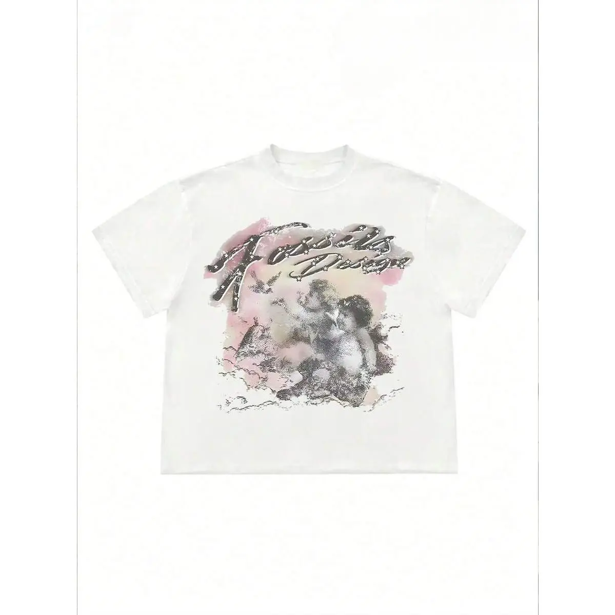 Men's Classic Cotton Fabric Unisex Short-Sleeve Crew Neck T-Shirt - Basic White, Pastel Watercolor Angel Cherub Star Cursive Graphic, Loose Oversized Casual Vibe Tee for Daily Vacation Use