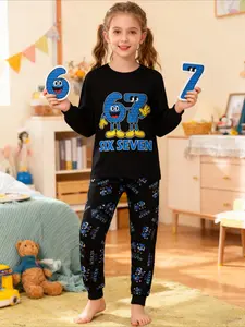 #67 Kids Long Sleeve Pajama Set,  Six Seven Cute Cartoon Pattern, Loose-Fitting Sleepwear, All Seasons, Ideal Gift for New Year & Reading Festival, Cartoon Print Pajama