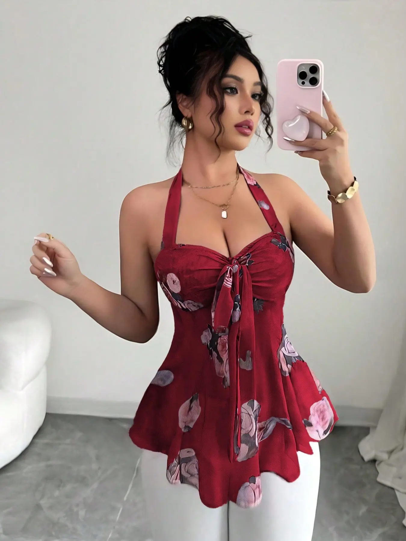 Fashion Sweet & Spicy Camisole Neck Halter Tie Back Sleeveless Print Asymmetrical Hem Top, Stylish Summer Clothing, Trendy Women's Apparel