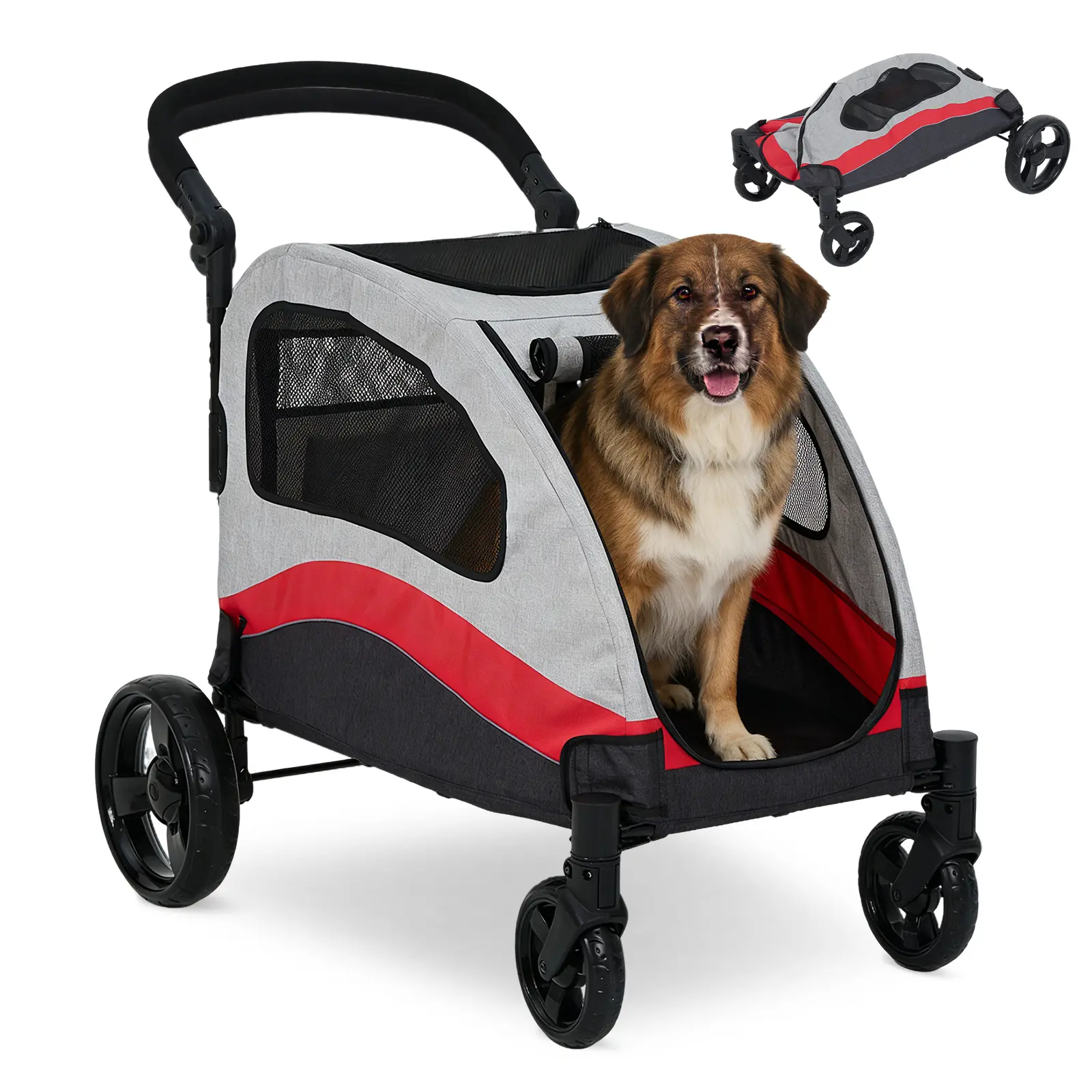 Heavy-Duty XL Dog Stroller for Large Dogs up to 160 lb, One-Click Fold Pet Stroller, 5-Sided Mesh Ventilation, 360° Swivel Shock-Absorbing Wheels