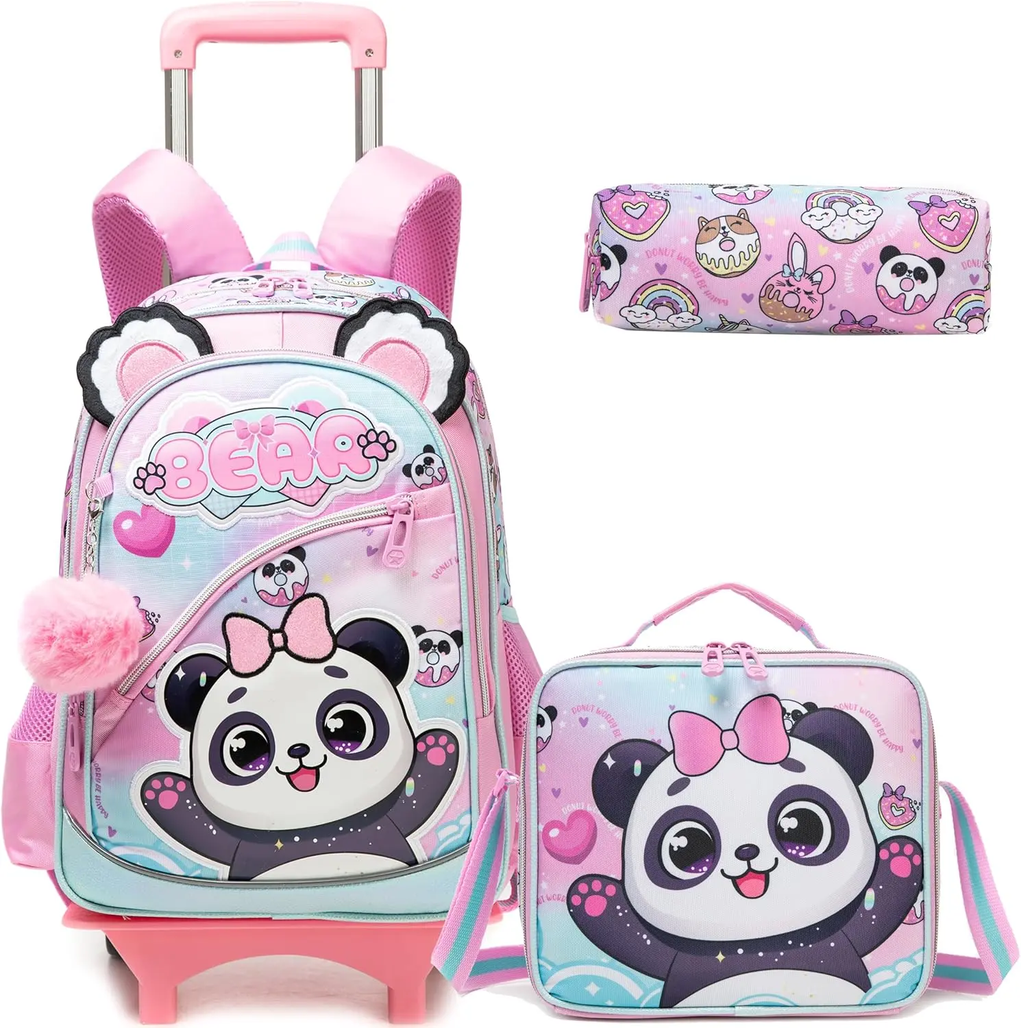 Cute Pink Panda Bear Rolling Backpack 3pcs Set for Girls | Kawaii Donut Rainbow Wheeled School Bag with Lunch Box & Pencil Case | Preschool Elementary Trolley Bookbag 2026