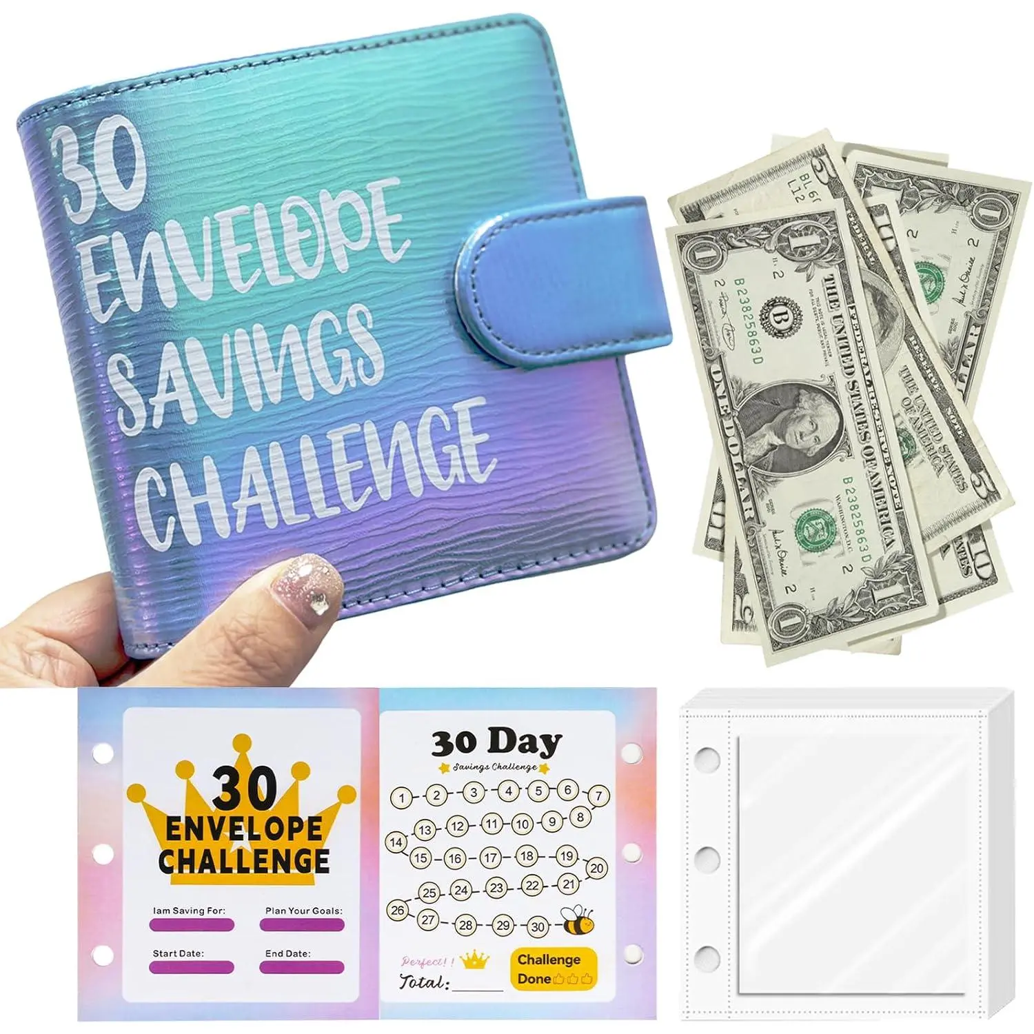 PU Leather Mini Binder with 30 Envelopes, Transparent Slots, Scratch-Proof for Beginners, Office Stationery Budgeting Tool