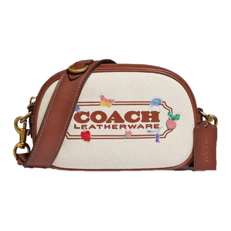 COACH Camera 19 Embroidered Floral Badge Canvas and Calfskin Crossbody Bag for Women, Small Size, White