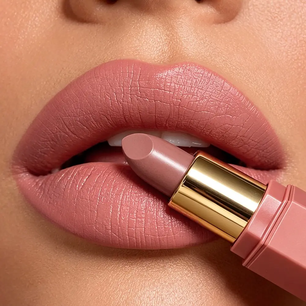 Velvet Matte Nude Lipstick, Flawless, Ultra Smooth Non-drying Creamy, Muted Neutral Nude Shade Build Natural Soft Daily Lip Look, Rich Pigment Even Coverage One Swipe, Anti-transfer Long Lasting Wear, Pink Hexagonal Tube With Gold Trim, Makeup
