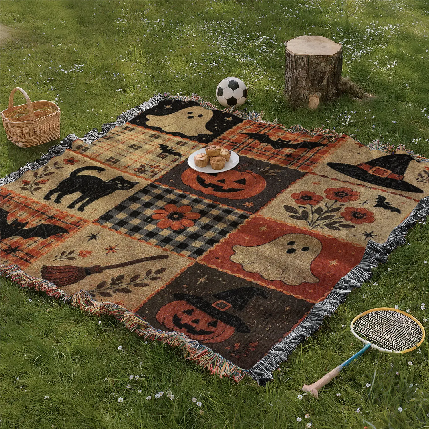 Multi Purpose Picnic Mat, Outdoor Picnic Blanket, Yarn Woven with Tassel, Halloween Grid Pattern, Soft and Breathable, Suitable for Travel Camping Lawns, Indoor Bohemian Decoration, Machine Washed, Used As Bed Blanket Sofa Towel