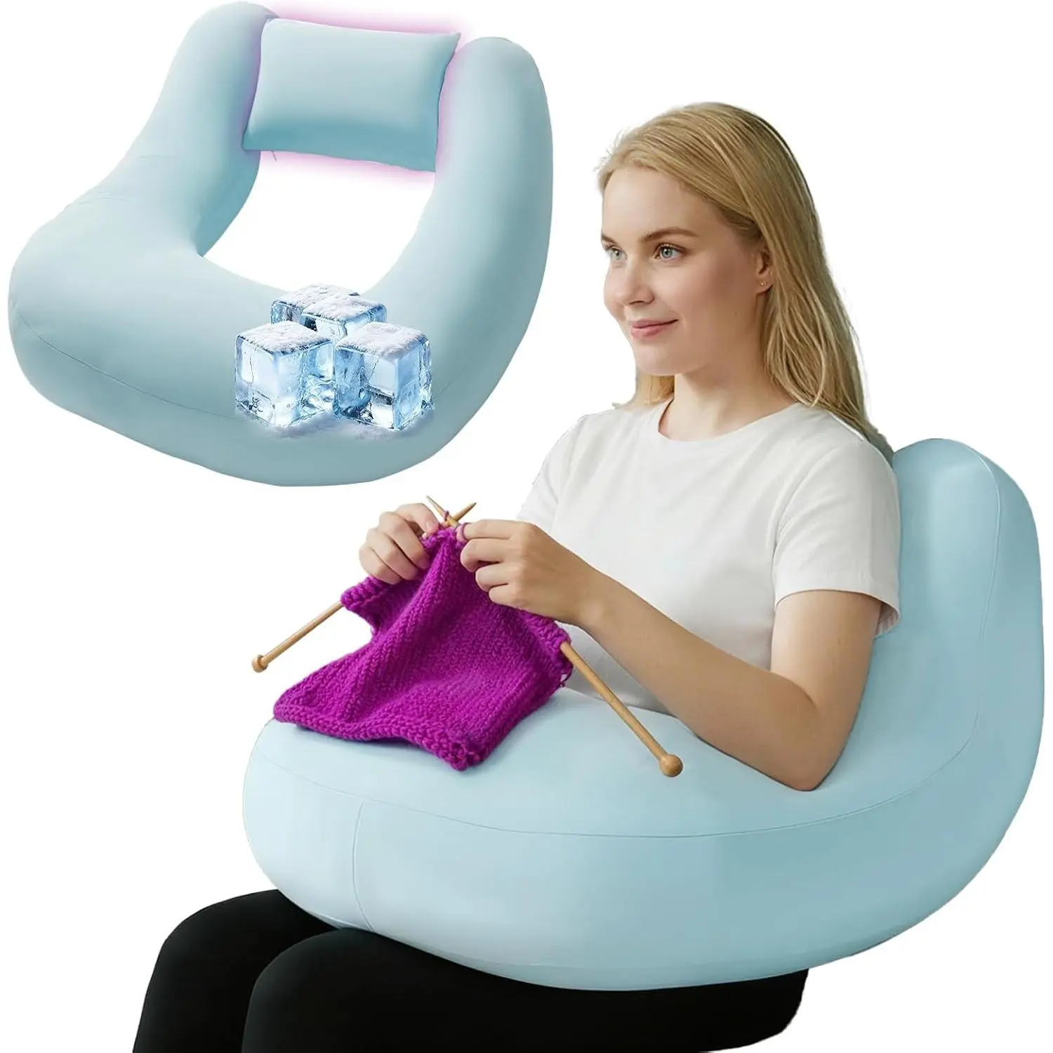 Cooling Crochet Lap Support Pillow, Enlarged Multi-Purpose Reading Pillow with Extra Back Support for Gaming Working Laptop Crocheting, Blue