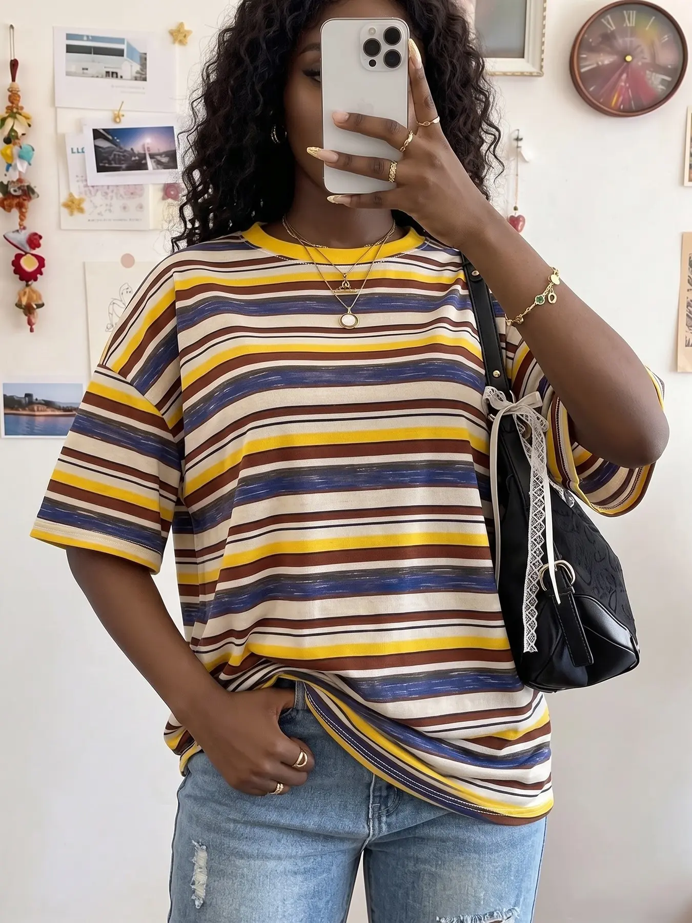 Yellow Brown Blue Multi Color Horizontal Stripe Crew Neck Drop Shoulder Loose Short Sleeve T Shirt Women Vintage Casual Daily Street Relaxed Basic Striped Pullover Top #springsaledeals2026 #basictops #tiktokshopmademebuyit