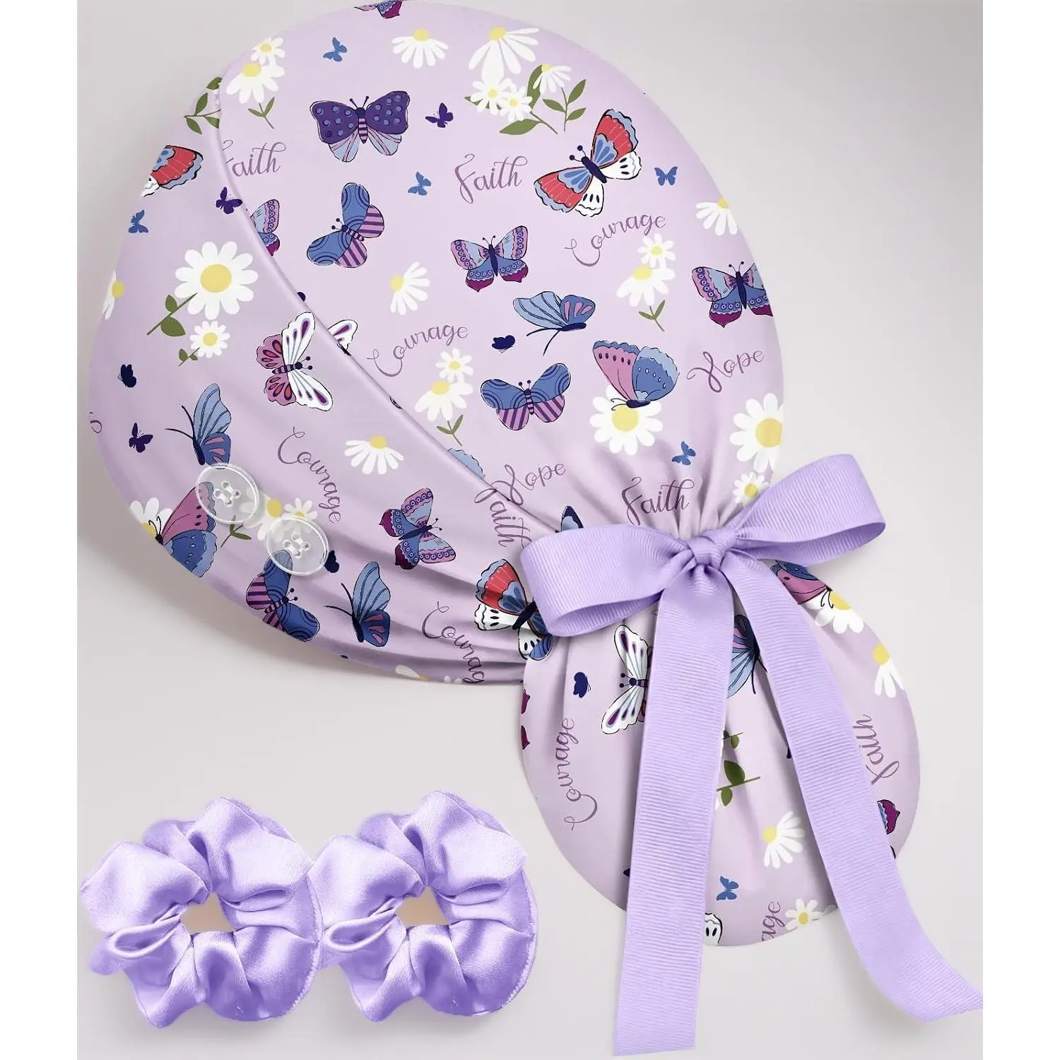 100% Cotton Scrub Cap with Buttons Sweatband-Cute Girly Ponytail Nurse Surgical Caps for Women, Satin Lined or Unlined