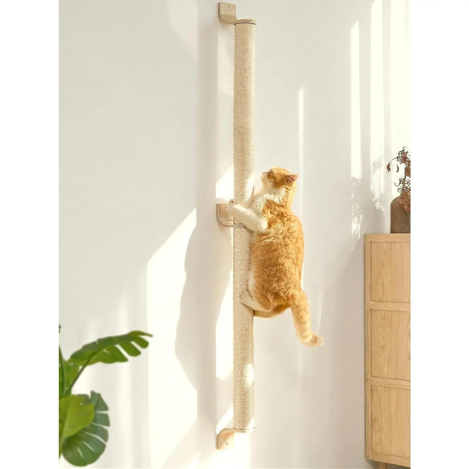 60in Tall Wall-Mounted Cat Scratching Post - Natural Sisal, Solid Pole with Vertical Grip for Indoor Large Cats & Kittens
