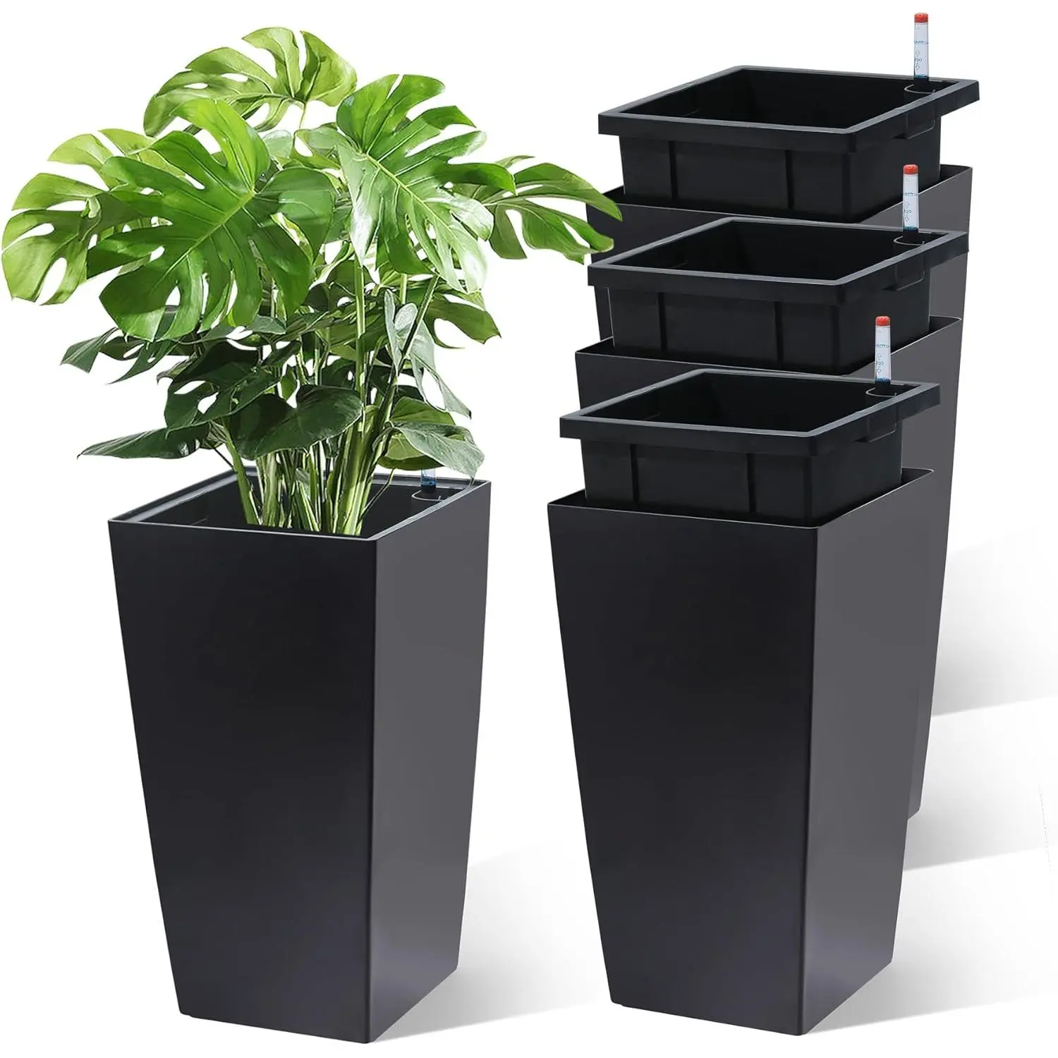 Garvee Self-Watering Flower Pots – Set of 4, Tall 16" Planters for Indoor & Outdoor Plants, Modern Design with Drainage Holes, Water Level Gauge, Removable Inner Bucket, Ideal for Garden, Patio, Porch, Balcony, Black
