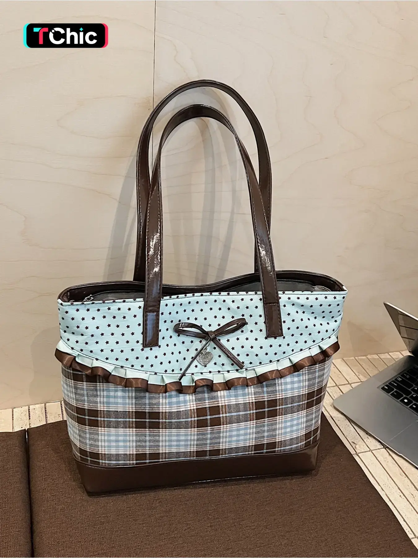 New Arrival College Style Plaid Bowknot Tote Bag For Women Large Capacity Shoulder Bag For School Daily Use Campus Style Handbag For Students Casual Everyday Bag