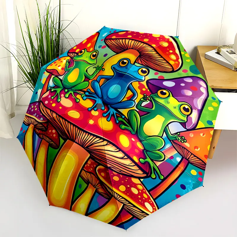 1 PC Automatic Folding Umbrella - Colorful Frogs Mushrooms Fantasy Art Pattern, Portable & Foldable Design with 8 Ribs, Merry Christmas Pattern,Casual Outdoor Accessory Halloween and Christmas Birthday Gifts. E0073