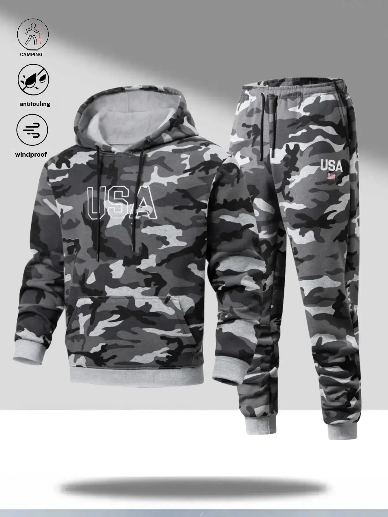 Men's 2-Piece Camouflage Hoodie Tracksuit Clothes - Long Sleeve Polyester Knit Casual Wear, Adjustable Head Drawstring, USA Letter Print, Large Jacket Pocket, Ankle Length Pants, Match-Set Style Outfit, Two-Pieces