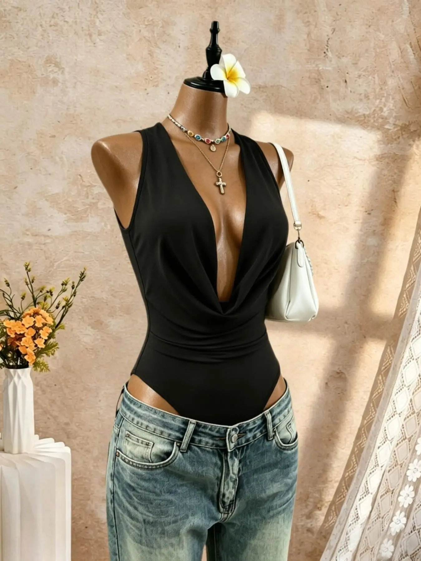 Solid Color Halter Deep V Bodysuit, Casual Daily Wear, Women's Ruched High Waist Shaping Bodysuit, Slim-Fitting Bodycon Clothing