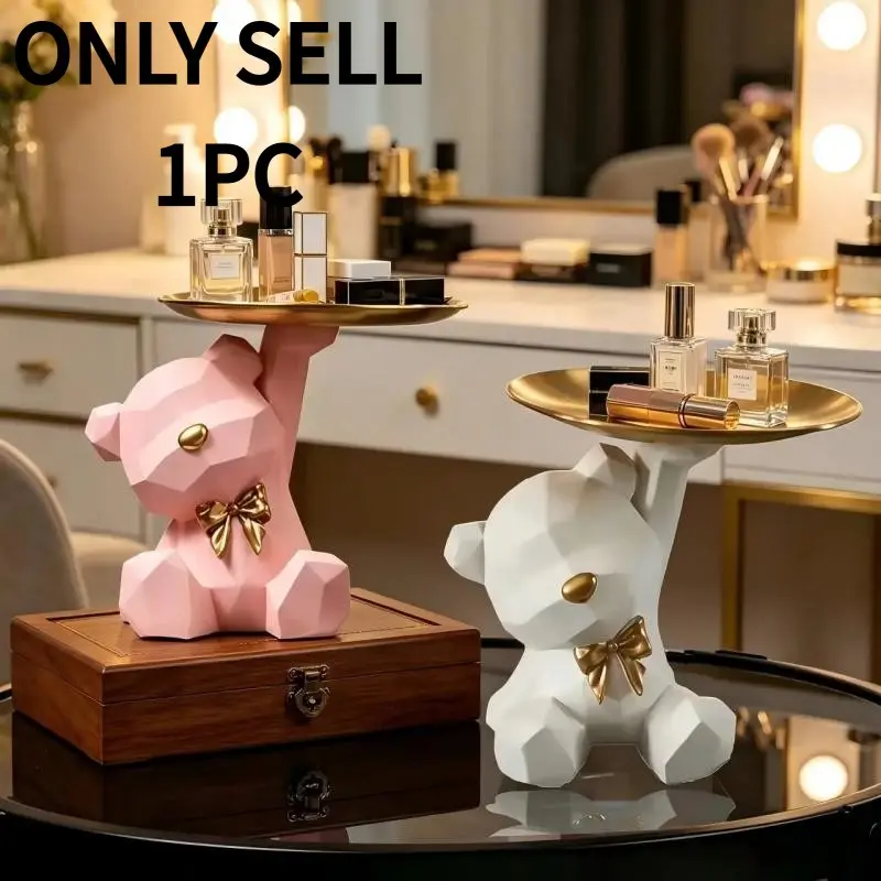Geometric Bear Tray Decor, 1pc Bow Resin Bear Storage Statue, Vanity/dentry Key/cosmetic Organizer, Home Decoration, Decorative Piece, Cute Resin Figurine, Decorative Resin Figurine Statue, Resin Animal Figurines, Resin Animal Ornaments