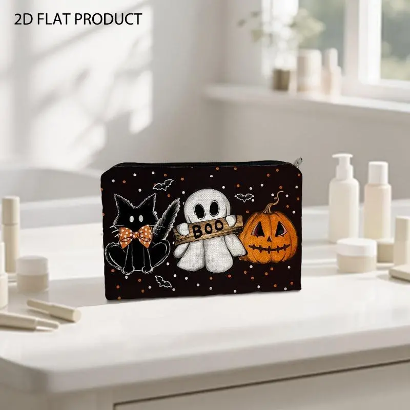 Halloween Spooky Themed Makeup Bag, Double-Sided Printed with Black Cat, Ghost & Jack-O'-Lantern Pattern, 5.9*8.66inch Portable Storage Pouch, Ideal for Storing Cosmetic & Beauty Tools for Travel & Daily Organization