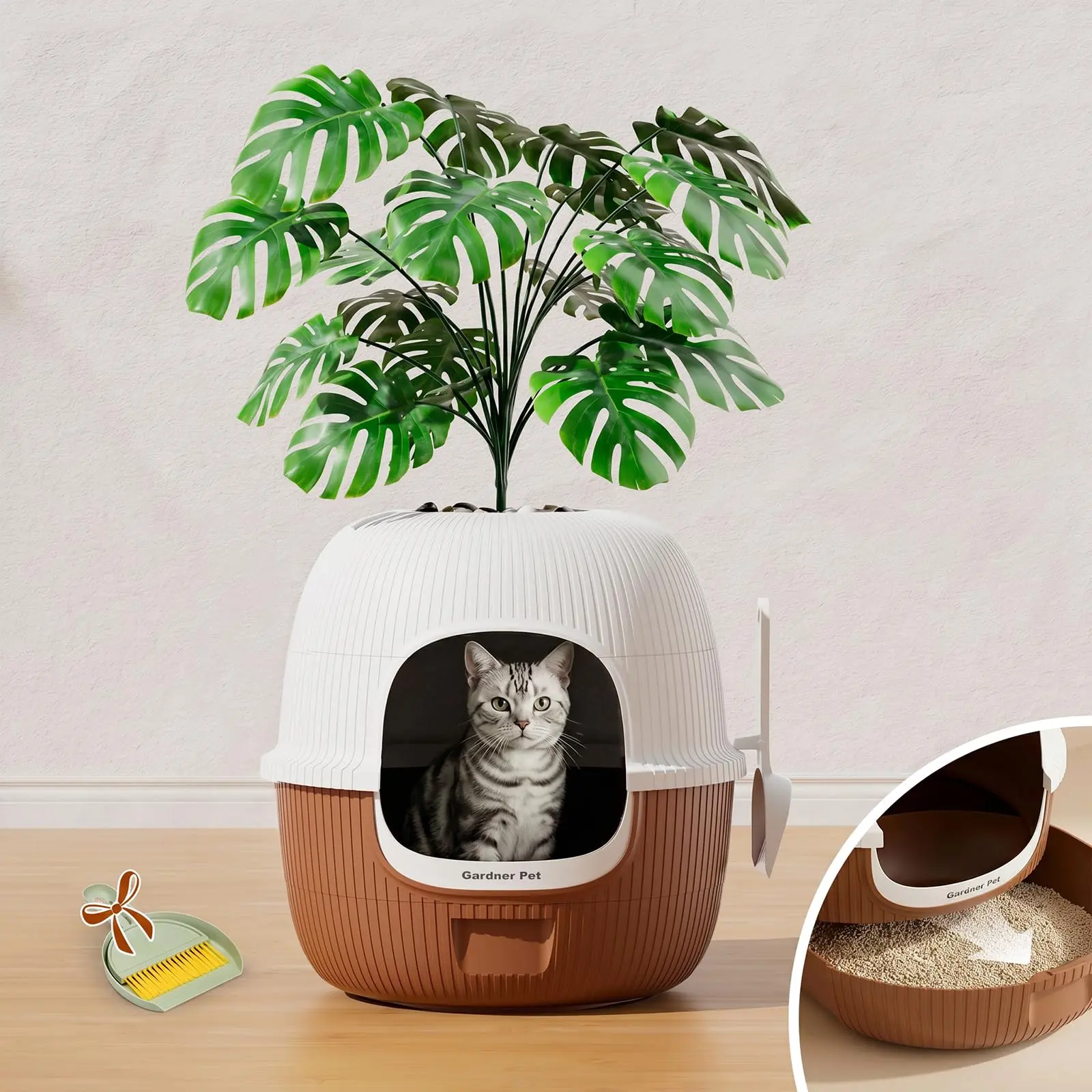 Hidden Cat Automatic Litter Box Enclosure with Faux Plant, Scoop, Odor-Control Carbon Filter, Drawer Design, Effortless Refilling, Leak-Proof Functionality