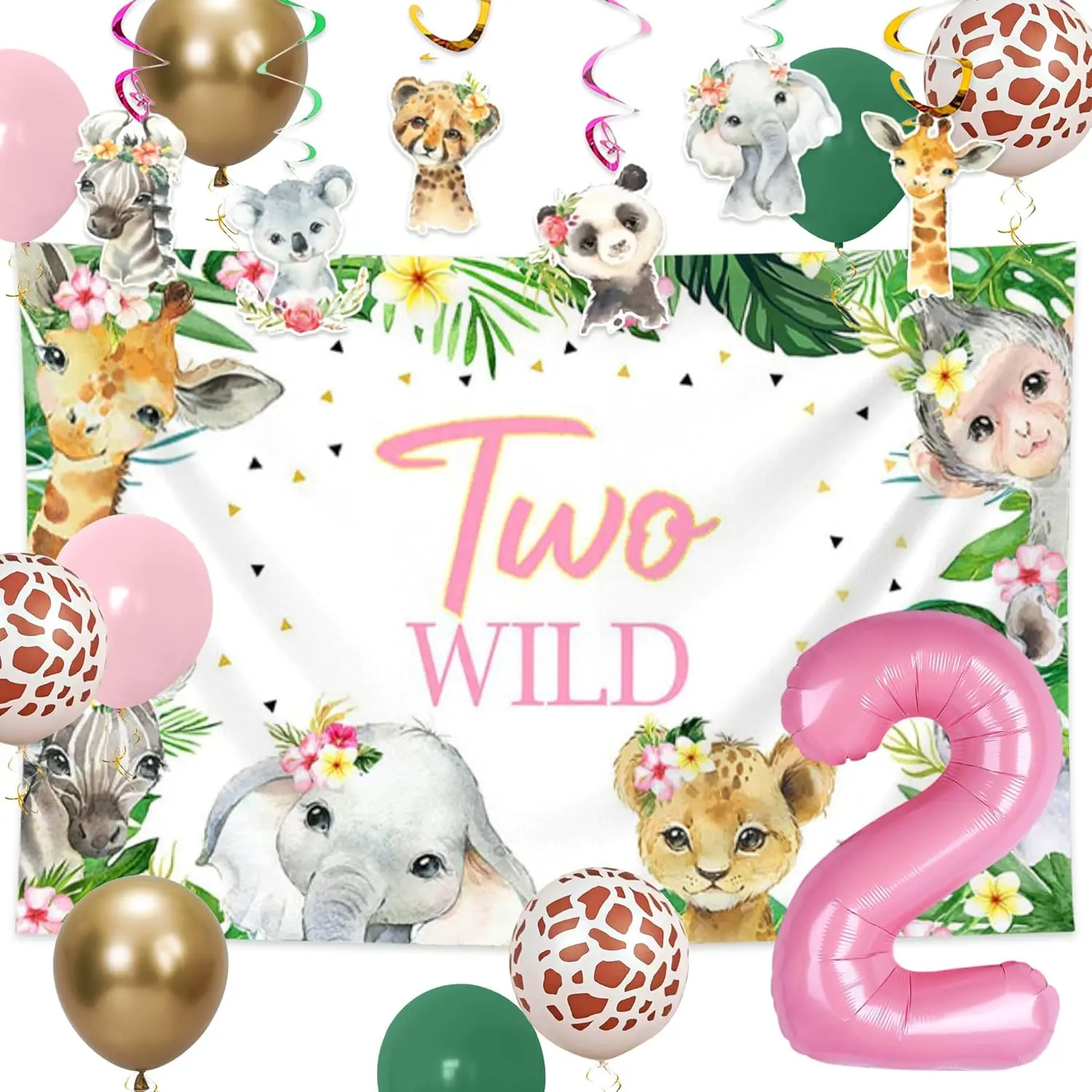 Girls' Wild Jungle Safari Theme 2nd Birthday Decorations Kit - Adventure Party Supplies with Bright Colors, Balloons, Balloon Animals, Backdrop, Easy Assembly for Baby Showers, Home Parties