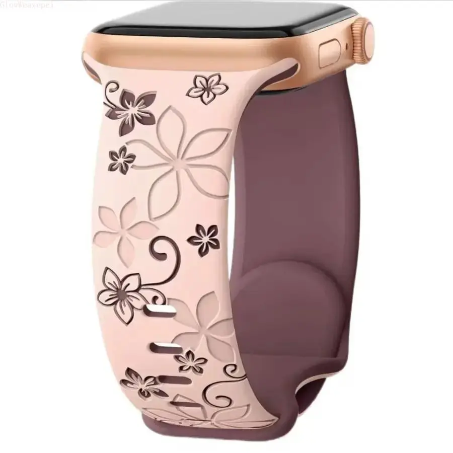 Floral Engraved Watch Bands Compatible With iWatch Bands For Women, Soft Two Tone Cutout Flower Sport Strap For iWatch Series 1-10 Ultra SE 38mm-49mm All Models, Coquette Aesthetic Cute Daily Wristband