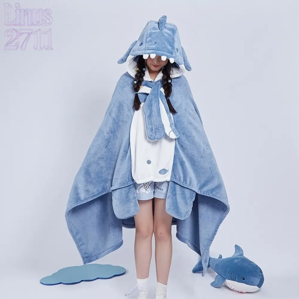 Kawaii Shark Wearable Hooded Blanket Cape, Fluffy Coral Fleece Air Condition Shawl, Cartoon Animal Nap Cloak, Soft Warm Lazy Home Robe, Portable Office Nap Throw Blanket, Cute Plush Loungewear, Ideal Comfort Gift for Girls Indoor Relaxation